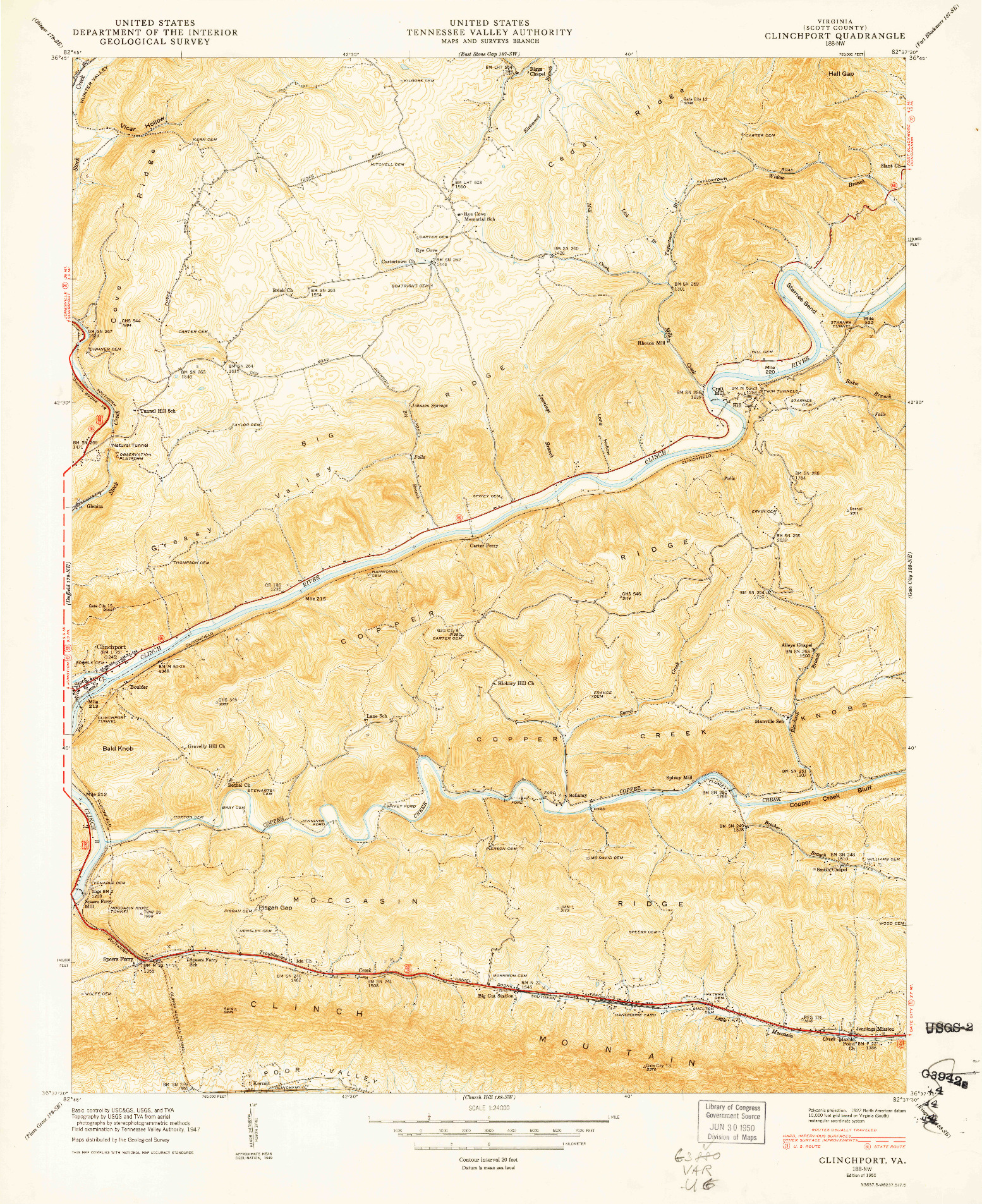 USGS 1:24000-SCALE QUADRANGLE FOR CLINCHPORT, VA 1950