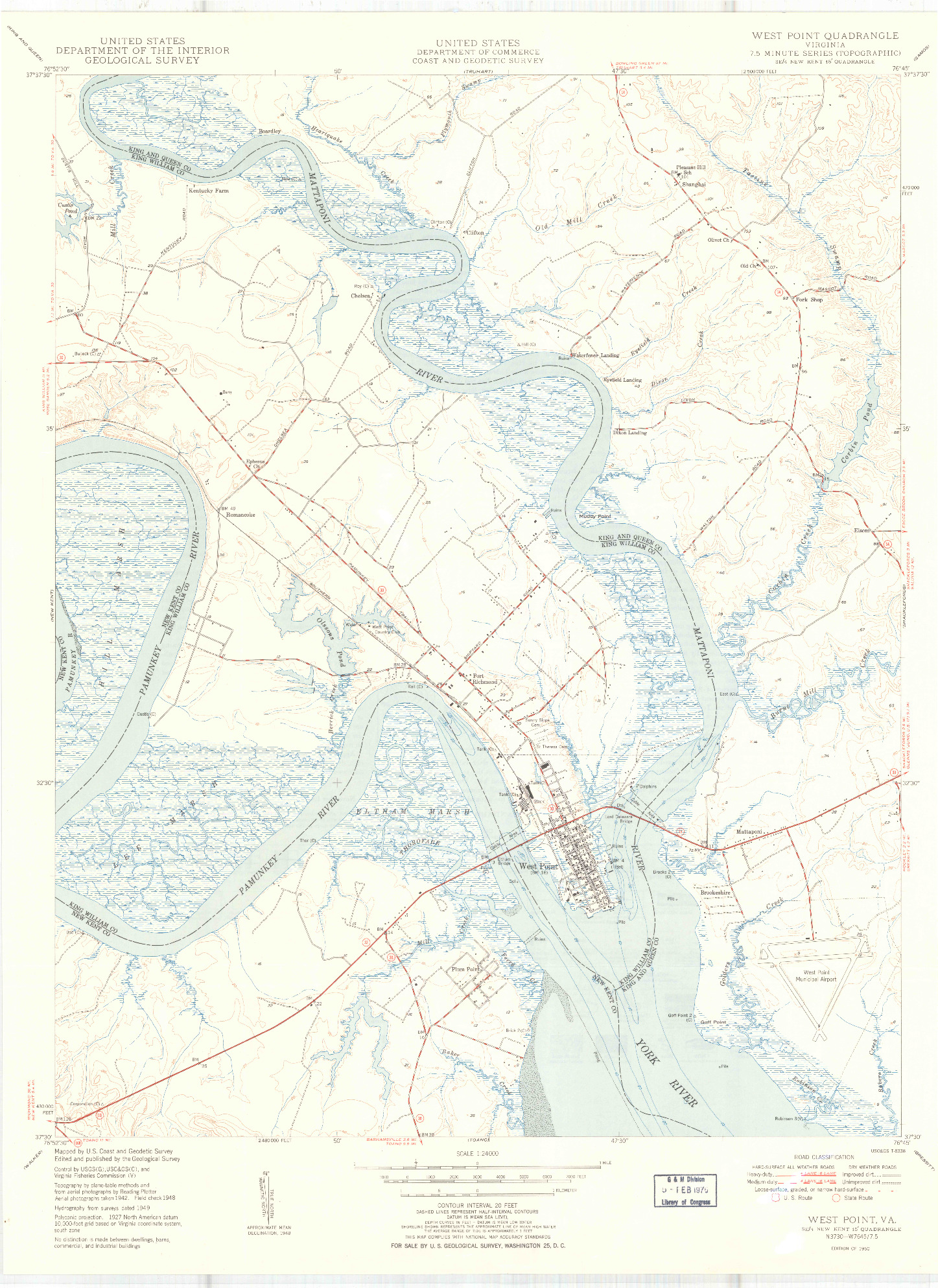USGS 1:24000-SCALE QUADRANGLE FOR WEST POINT, VA 1950