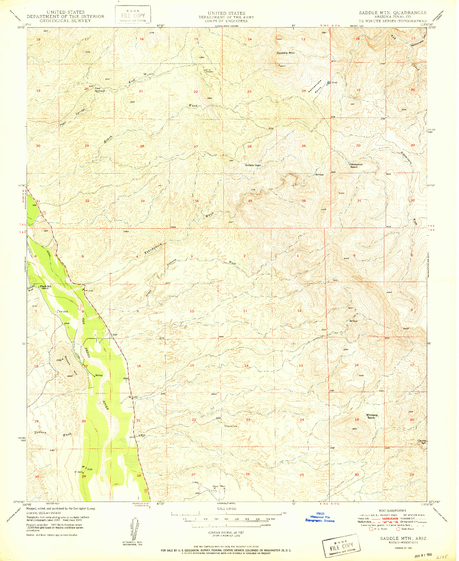 USGS 1:24000-SCALE QUADRANGLE FOR SADDLE MTN., AZ 1950
