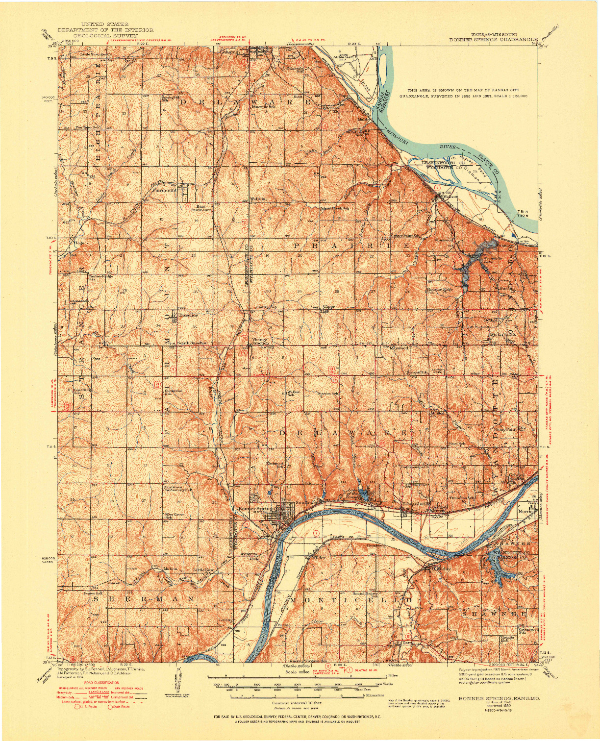 USGS 1:62500-SCALE QUADRANGLE FOR BONNER SPRINGS, KS 1940