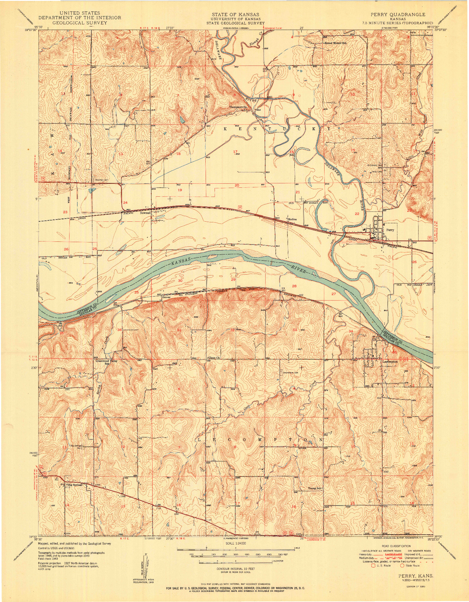 USGS 1:24000-SCALE QUADRANGLE FOR PERRY, KS 1950