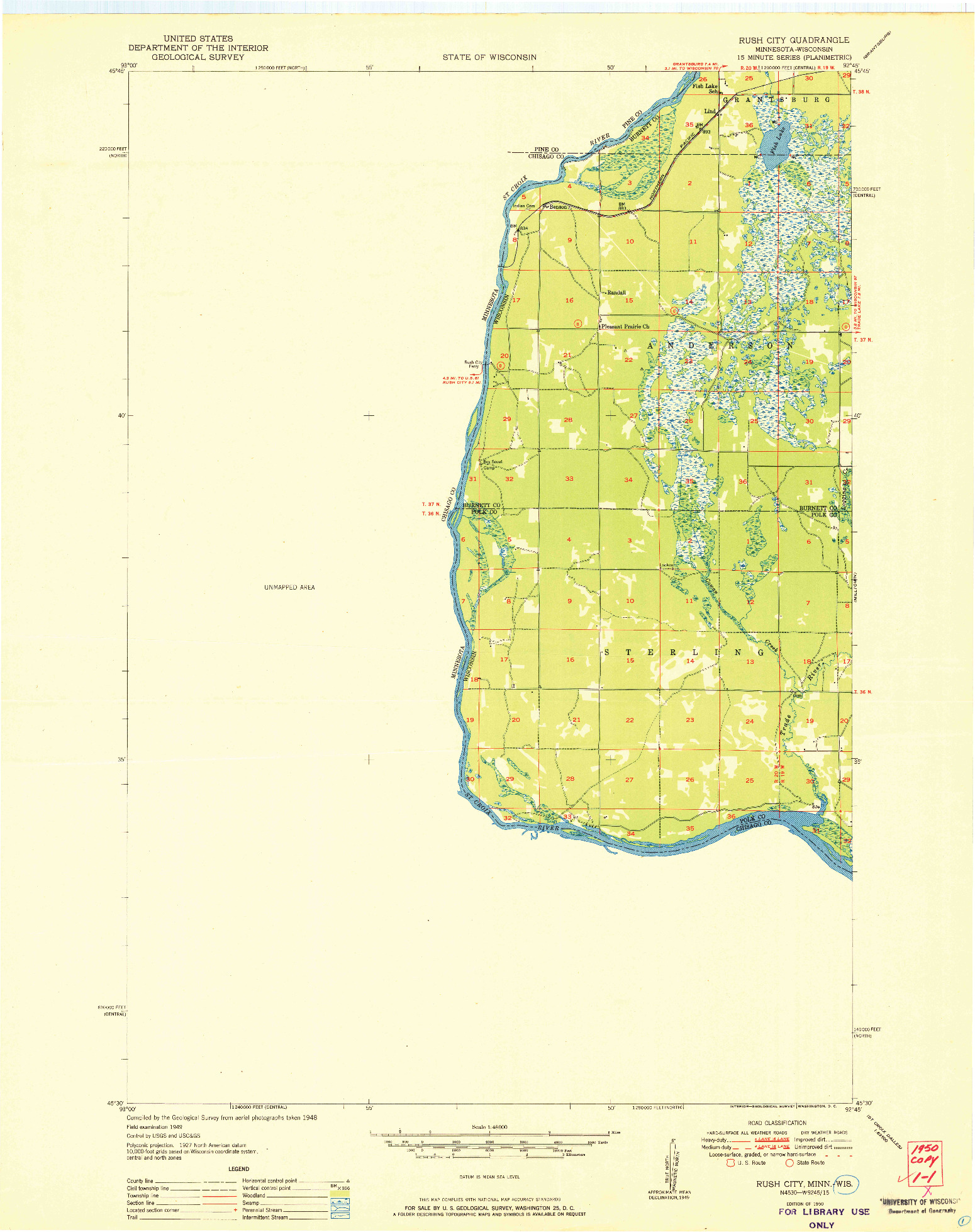 USGS 1:48000-SCALE QUADRANGLE FOR RUSH CITY, MN 1950