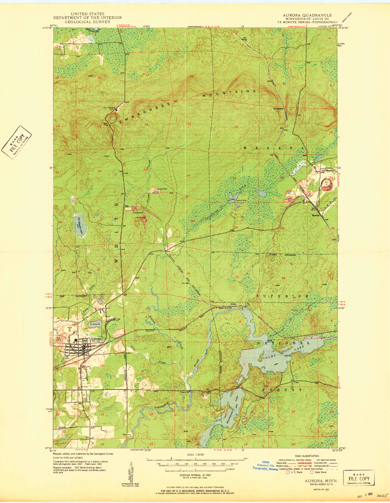 USGS 1:24000-SCALE QUADRANGLE FOR AURORA, MN 1950