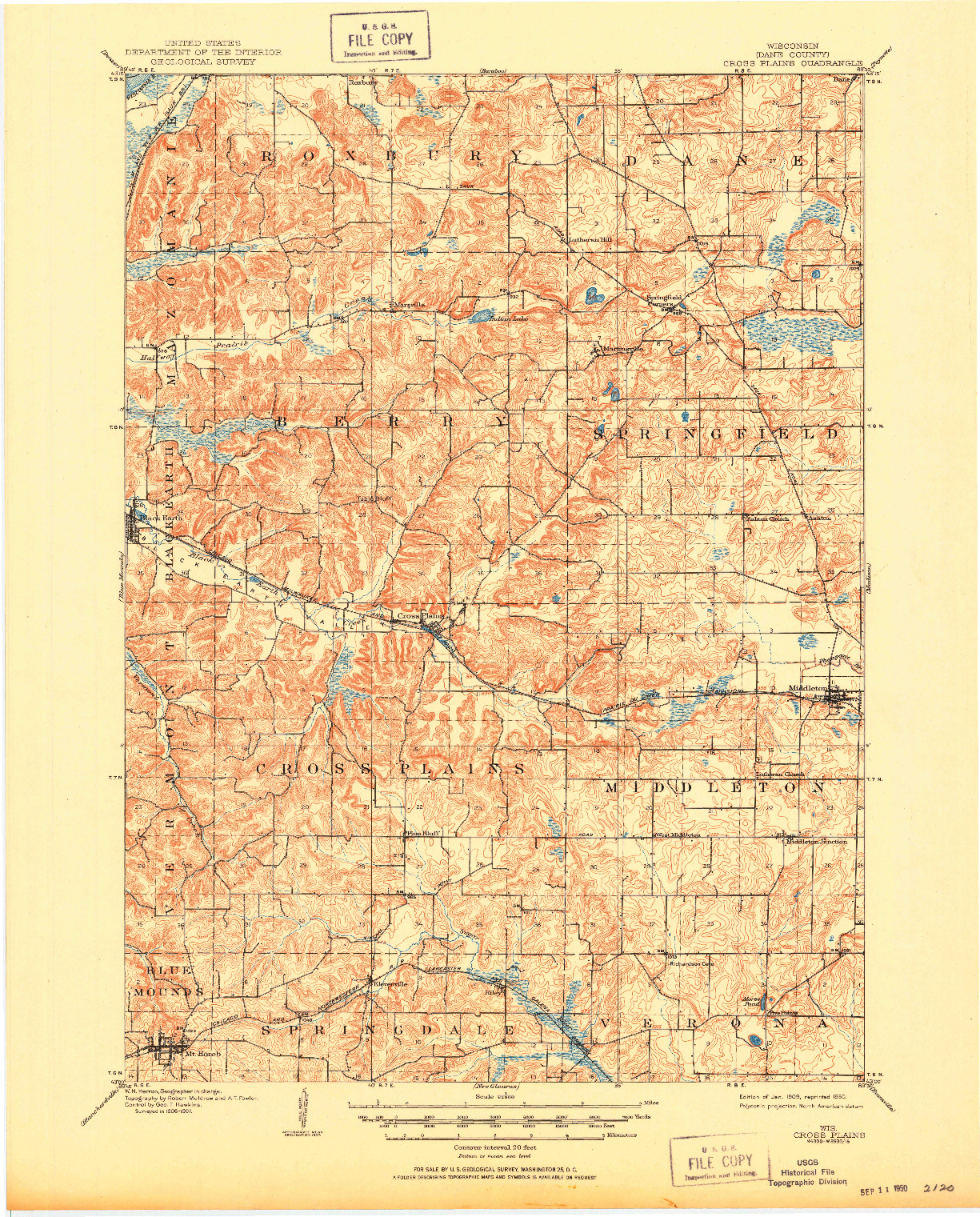 USGS 1:62500-SCALE QUADRANGLE FOR CROSS PLAINS, WI 1909