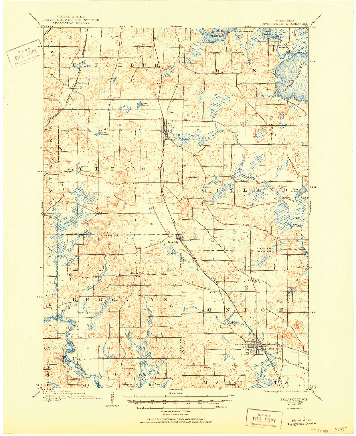 USGS 1:62500-SCALE QUADRANGLE FOR EVANSVILLE, WI 1906