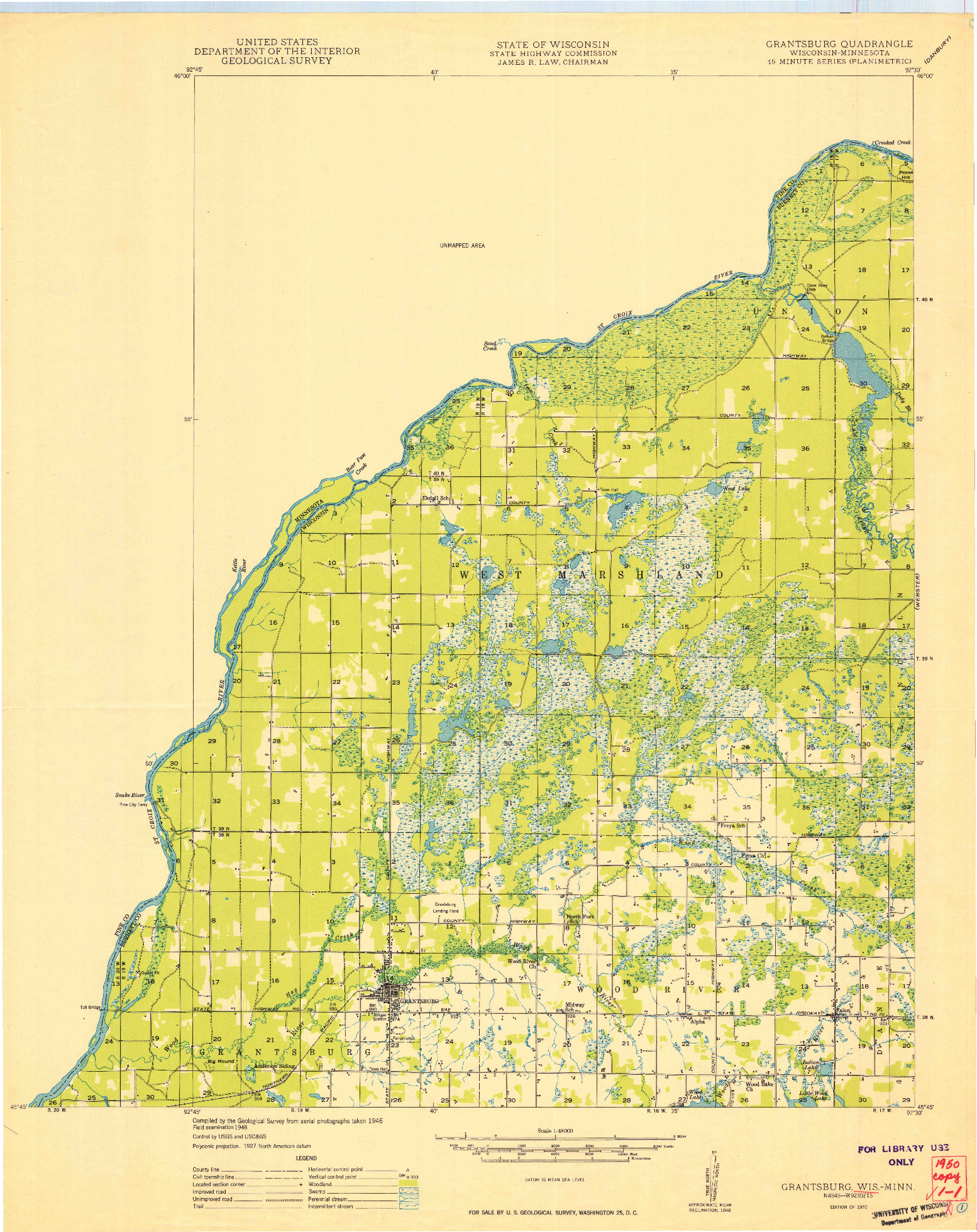 USGS 1:48000-SCALE QUADRANGLE FOR GRANTSBURG, WI 1950