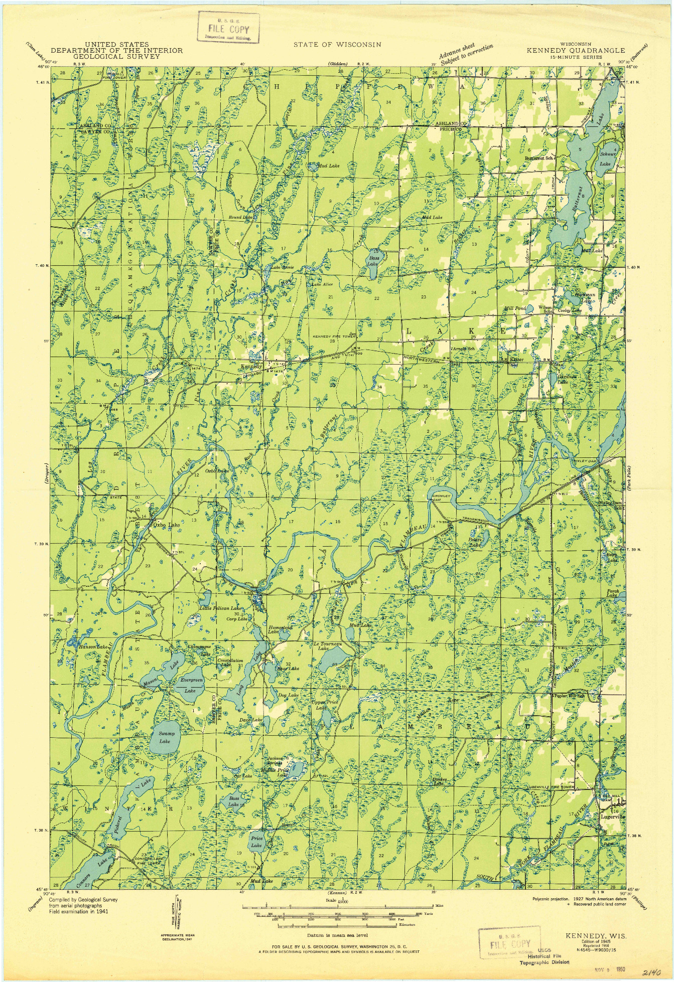 USGS 1:48000-SCALE QUADRANGLE FOR KENNEDY, WI 1945