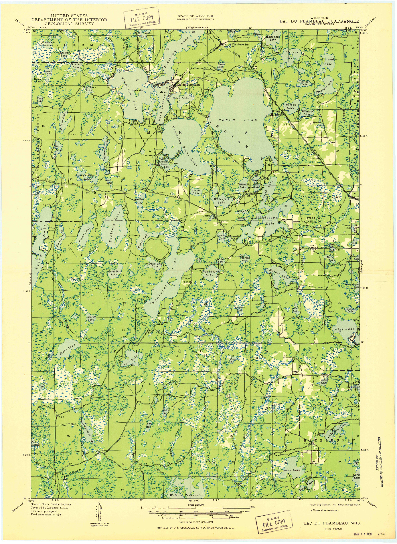 USGS 1:48000-SCALE QUADRANGLE FOR LAC DU FLAMBEAU, WI 1950