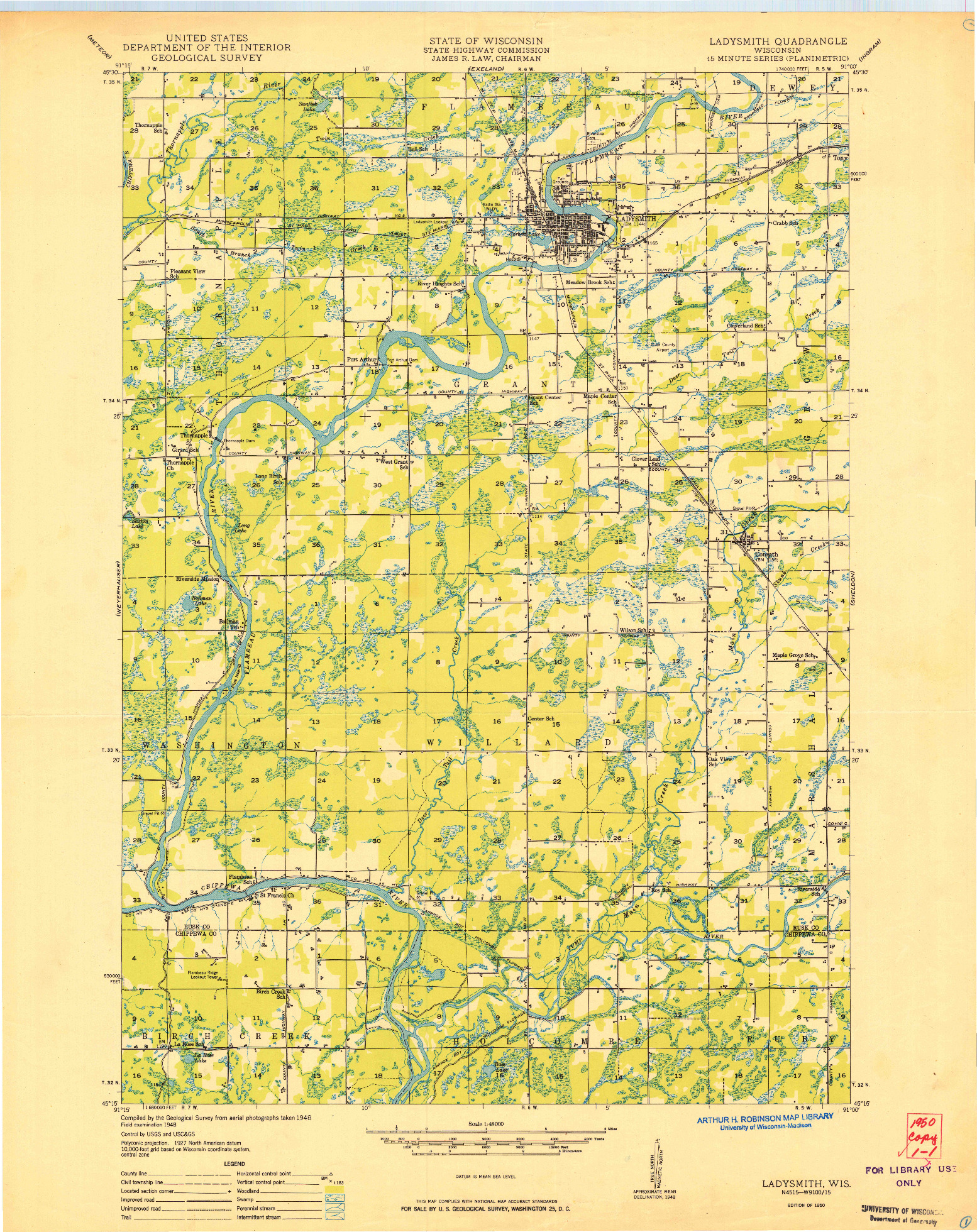 USGS 1:48000-SCALE QUADRANGLE FOR LADYSMITH, WI 1950