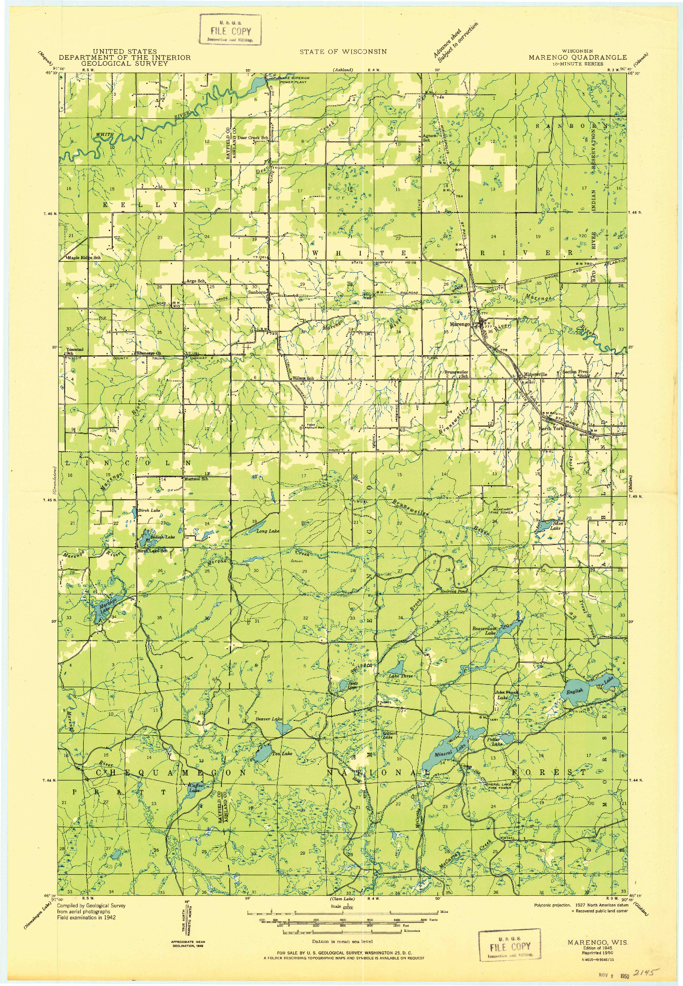 USGS 1:48000-SCALE QUADRANGLE FOR MARENGO, WI 1945