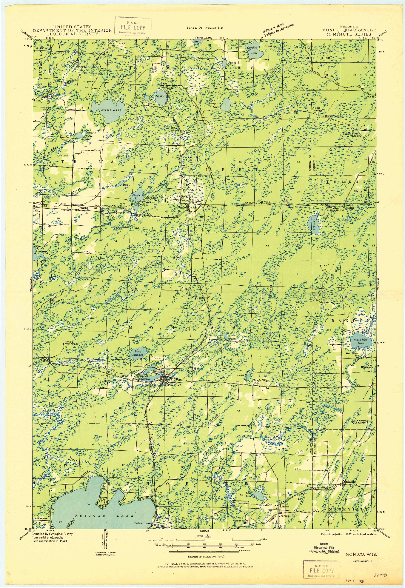 USGS 1:48000-SCALE QUADRANGLE FOR MONICO, WI 1950