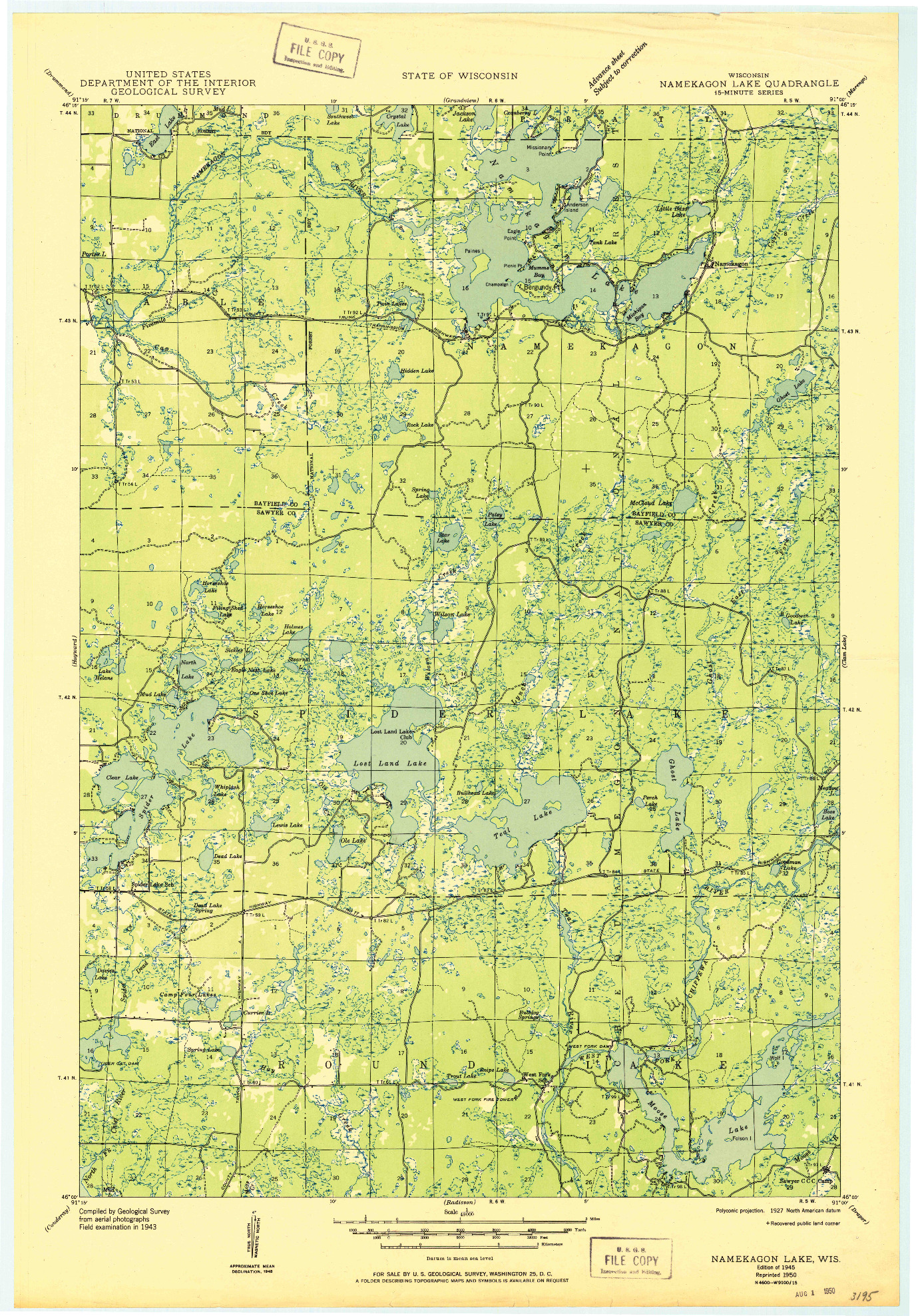 USGS 1:48000-SCALE QUADRANGLE FOR NAMEKAGON LAKE, WI 1945