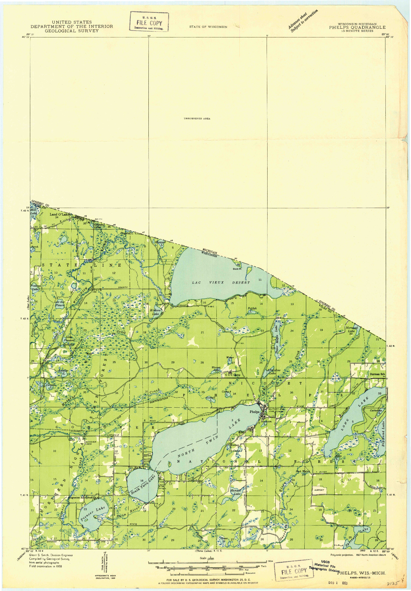 USGS 1:48000-SCALE QUADRANGLE FOR PHELPS, WI 1950