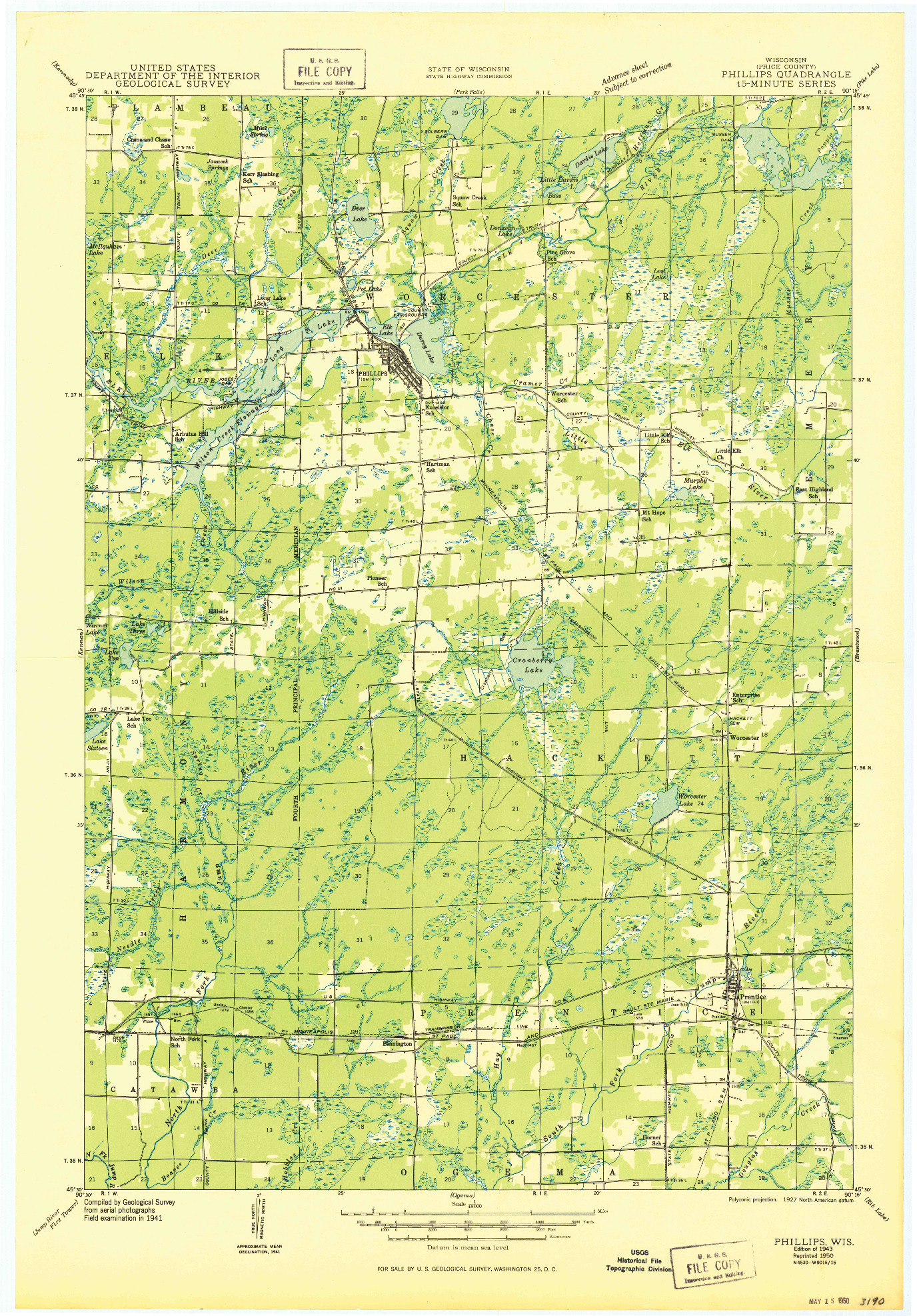 USGS 1:48000-SCALE QUADRANGLE FOR PHILLIPS, WI 1943