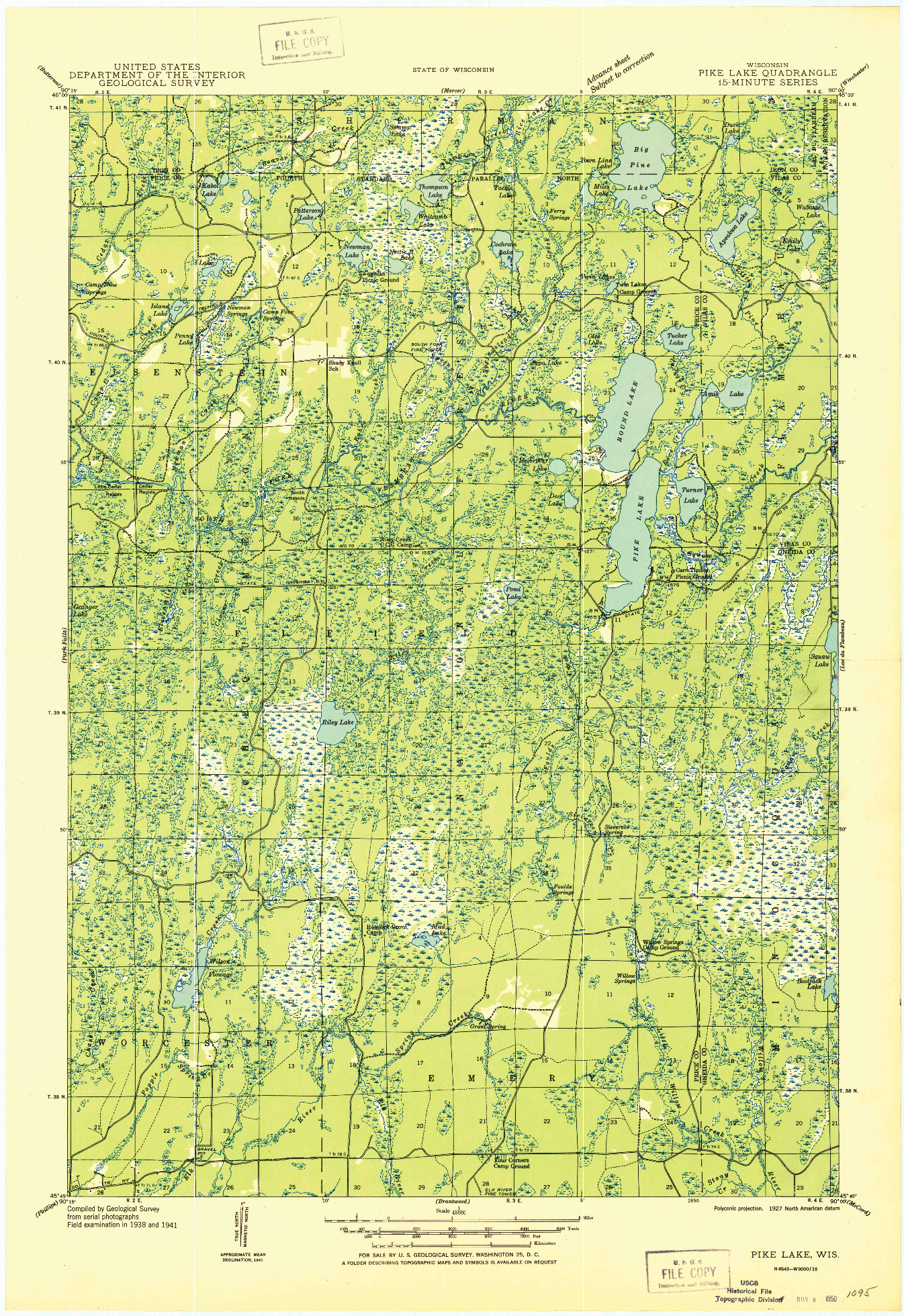 USGS 1:48000-SCALE QUADRANGLE FOR PIKE LAKE, WI 1950