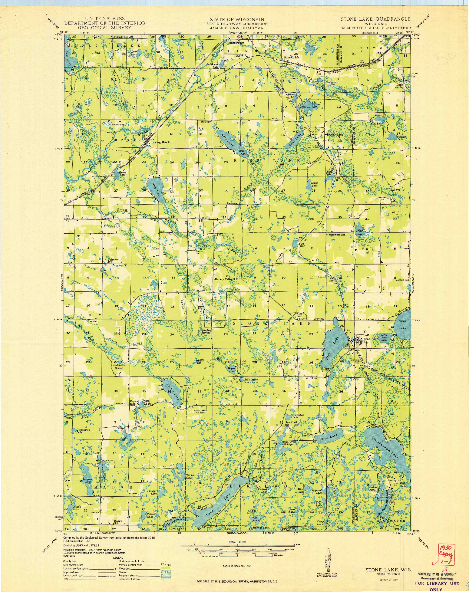 USGS 1:48000-SCALE QUADRANGLE FOR STONE LAKE, WI 1950