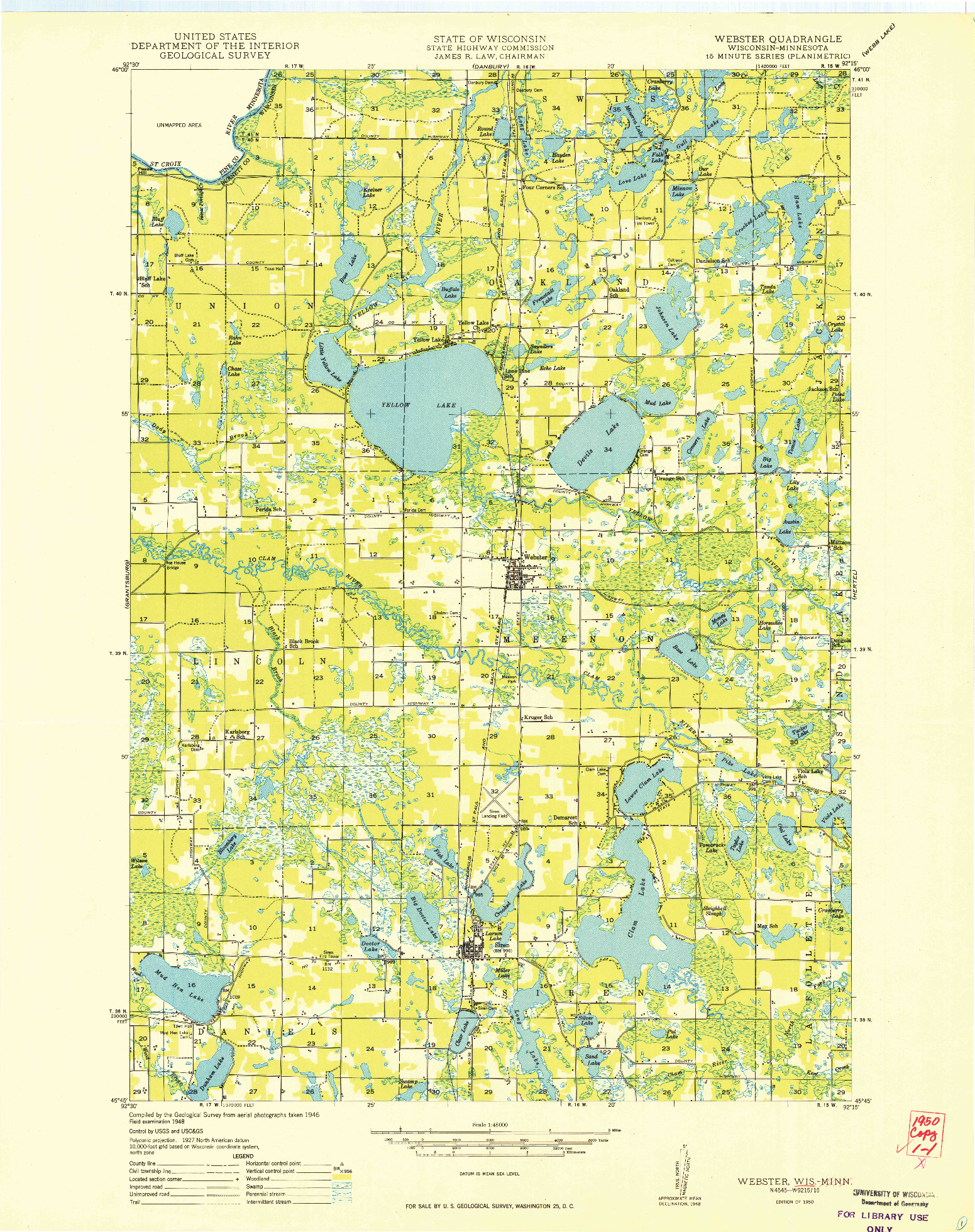 USGS 1:48000-SCALE QUADRANGLE FOR WEBSTER, WI 1950