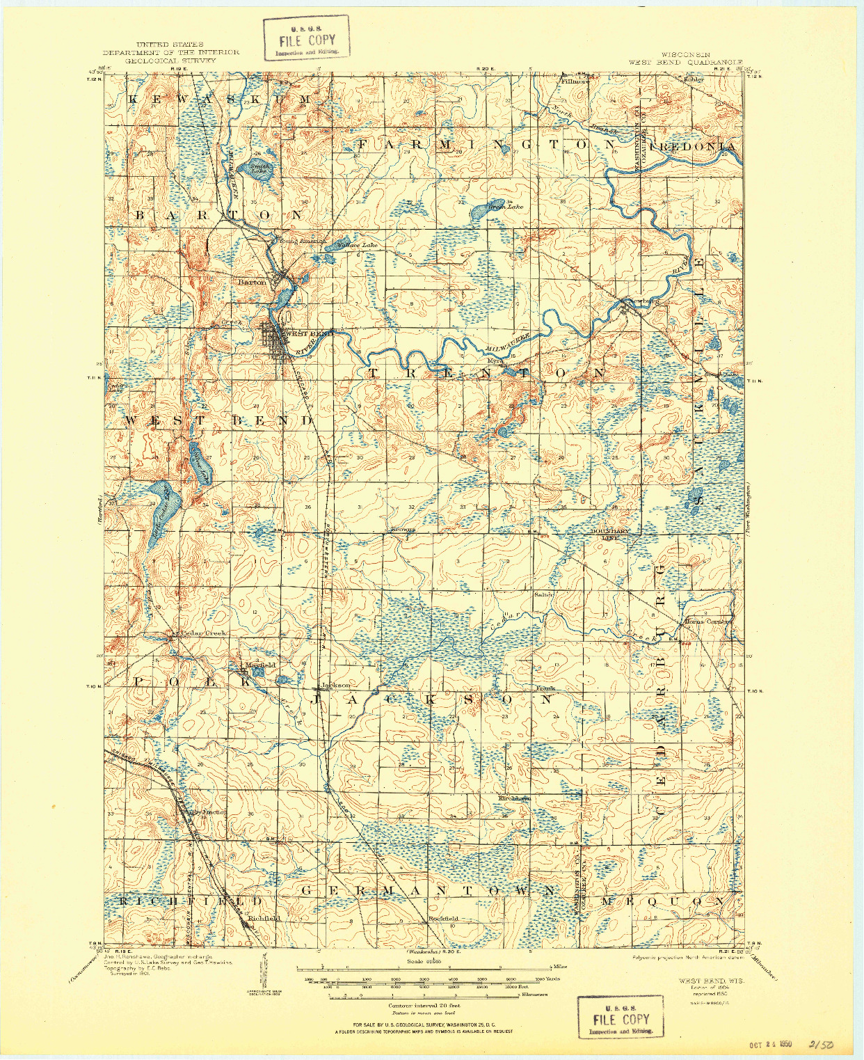 USGS 1:62500-SCALE QUADRANGLE FOR WEST BEND, WI 1904