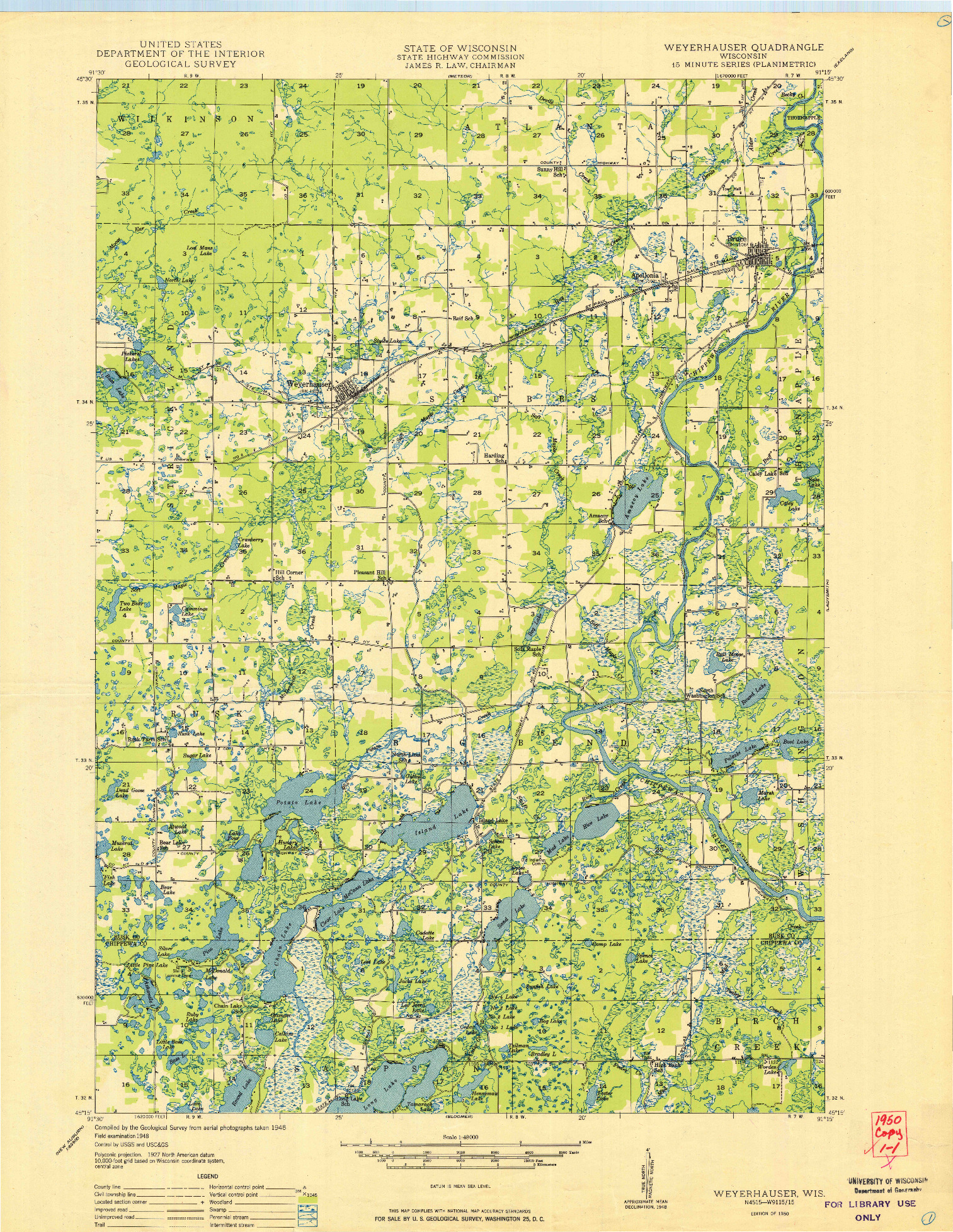 USGS 1:48000-SCALE QUADRANGLE FOR WEYERHAUSER, WI 1950