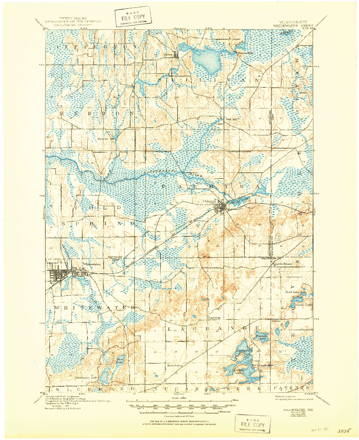 USGS 1:62500-SCALE QUADRANGLE FOR WHITEWATER, WI 1924