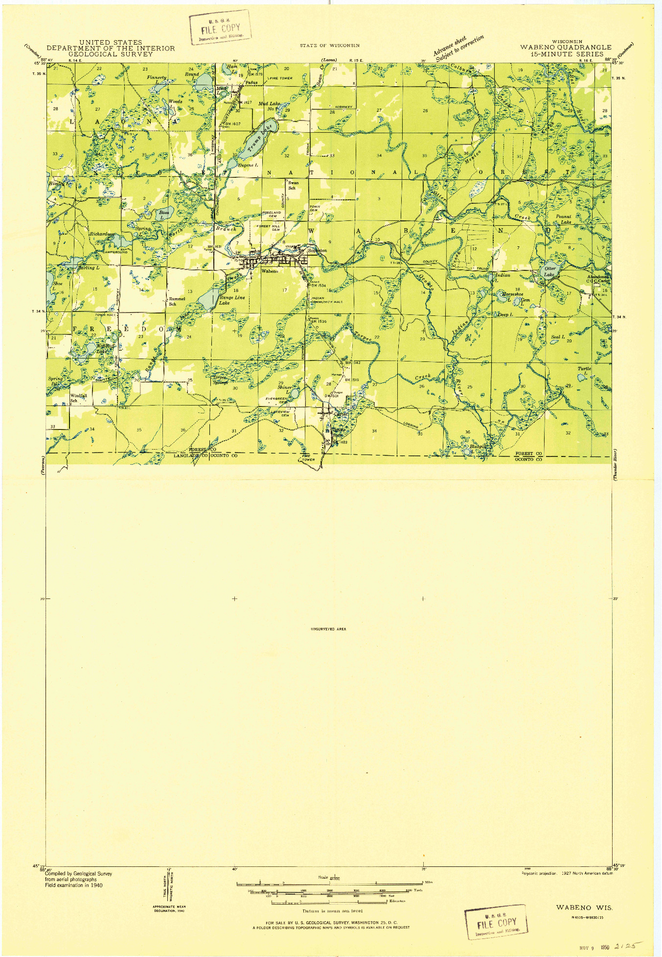 USGS 1:48000-SCALE QUADRANGLE FOR WABENO, WI 1950