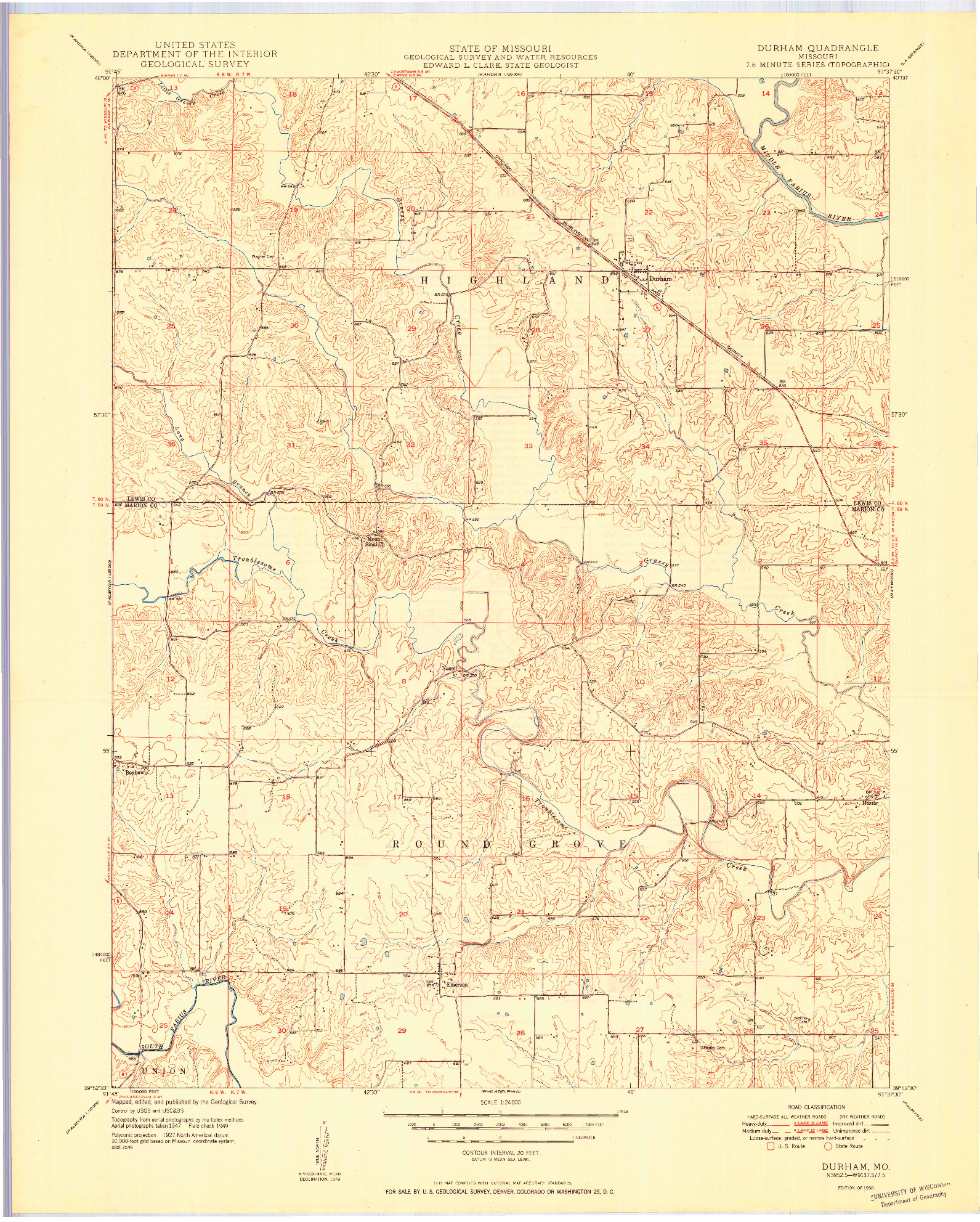 USGS 1:24000-SCALE QUADRANGLE FOR DURHAM, MO 1950