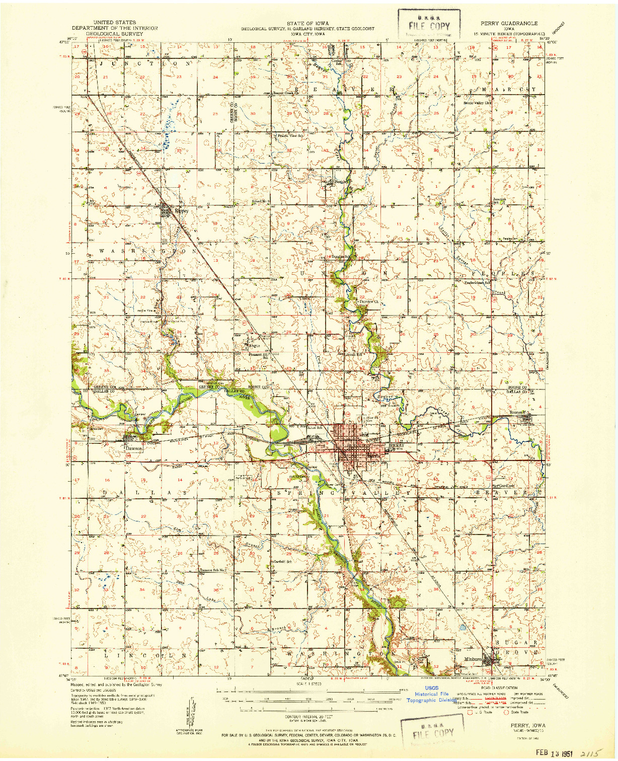 USGS 1:62500-SCALE QUADRANGLE FOR PERRY, IA 1951