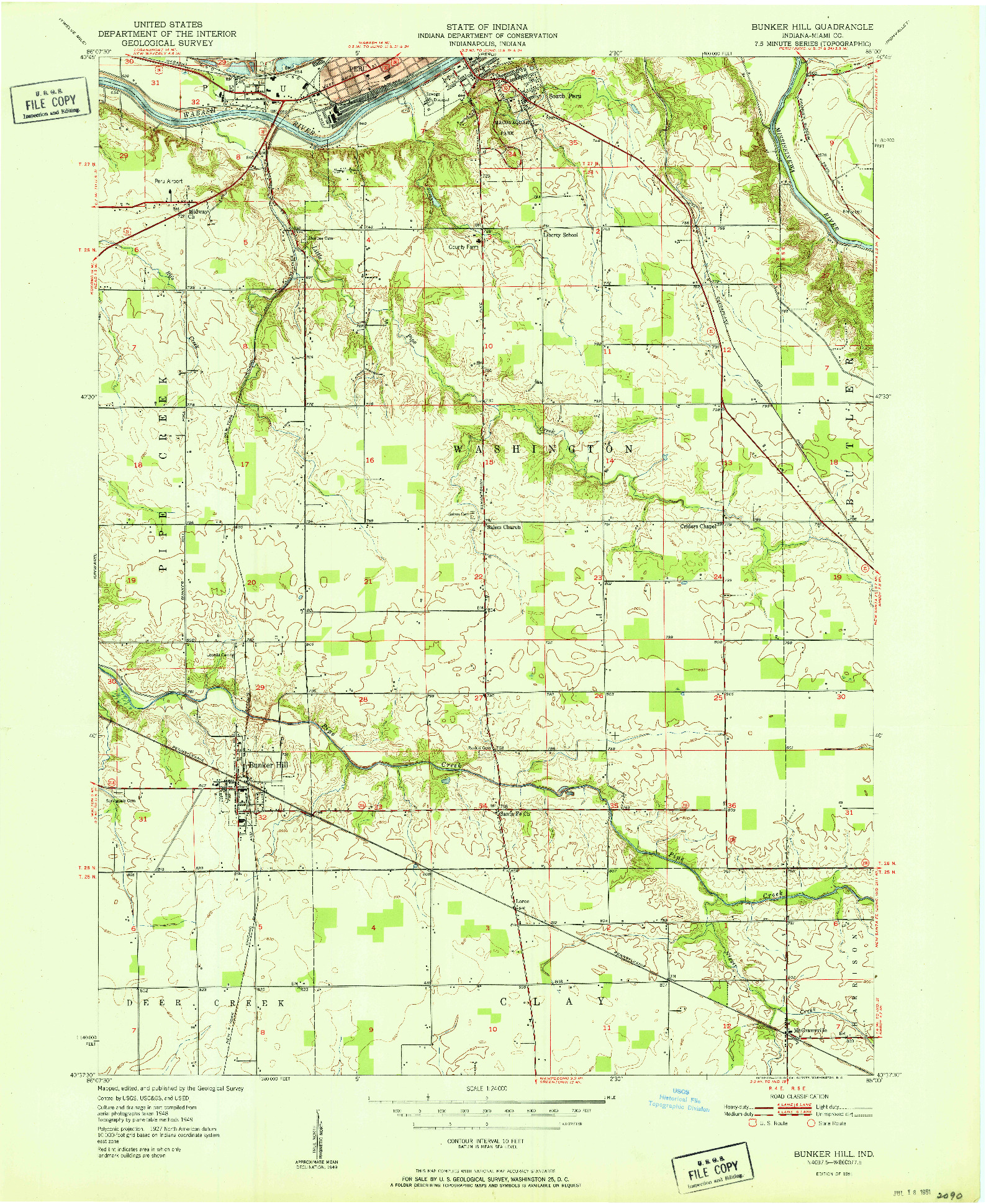 USGS 1:24000-SCALE QUADRANGLE FOR BUNKER HILL, IN 1951