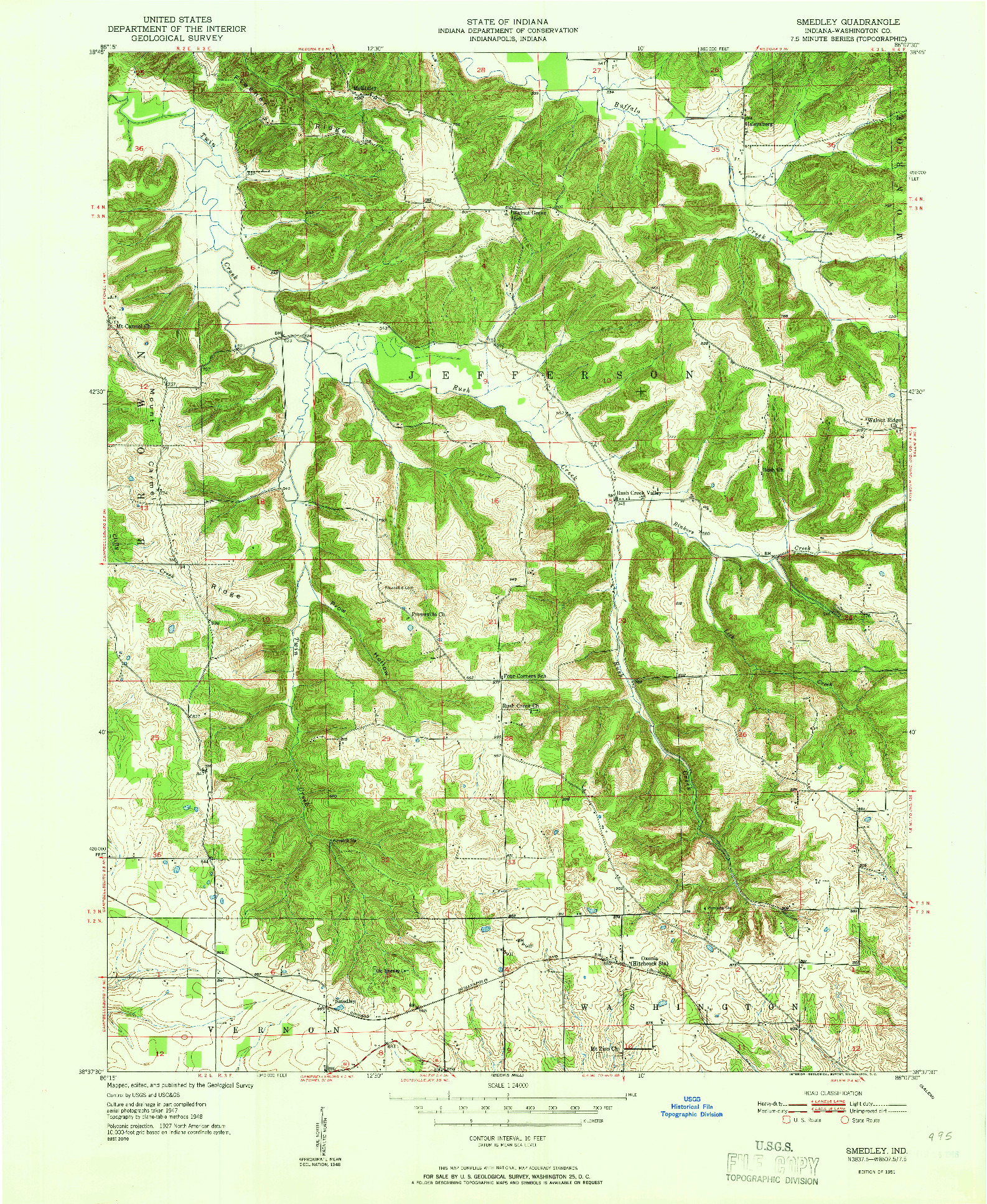 USGS 1:24000-SCALE QUADRANGLE FOR SMEDLEY, IN 1951