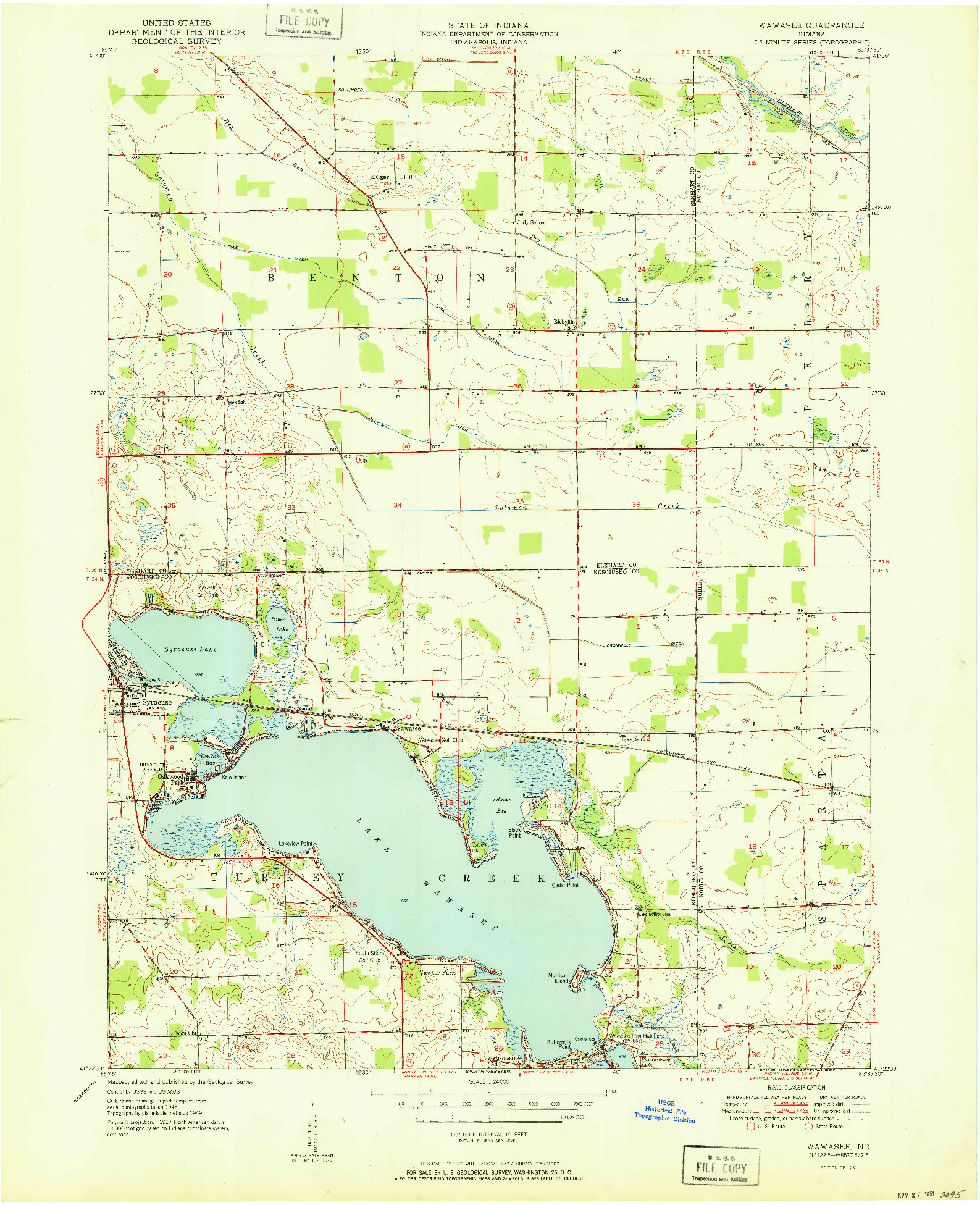USGS 1:24000-SCALE QUADRANGLE FOR WAWASEE, IN 1951