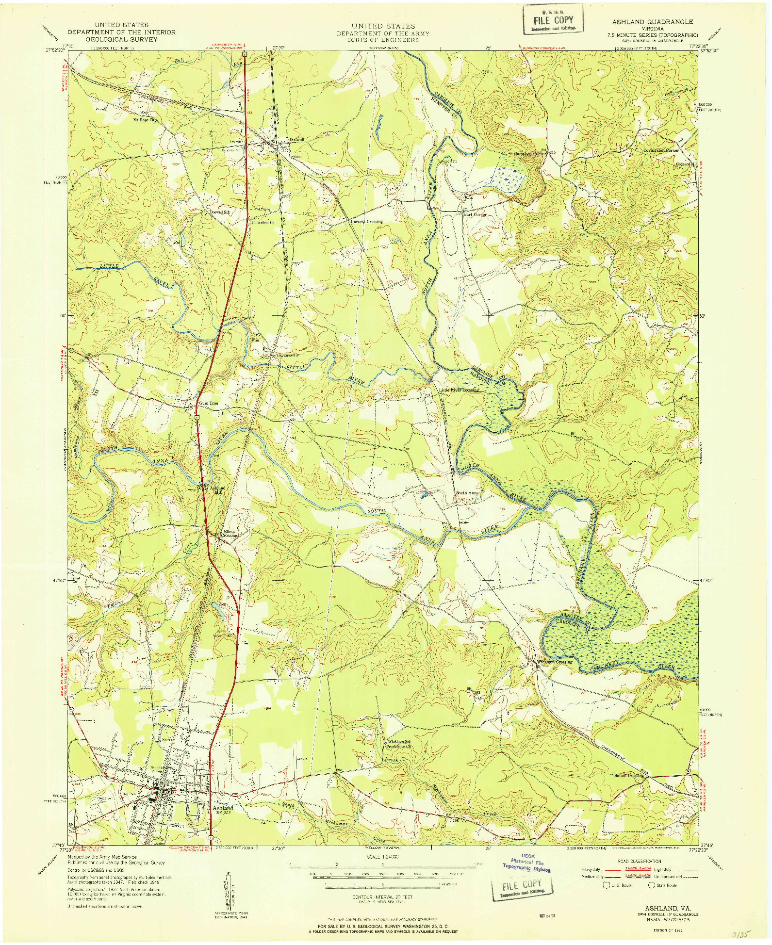USGS 1:24000-SCALE QUADRANGLE FOR ASHLAND, VA 1951