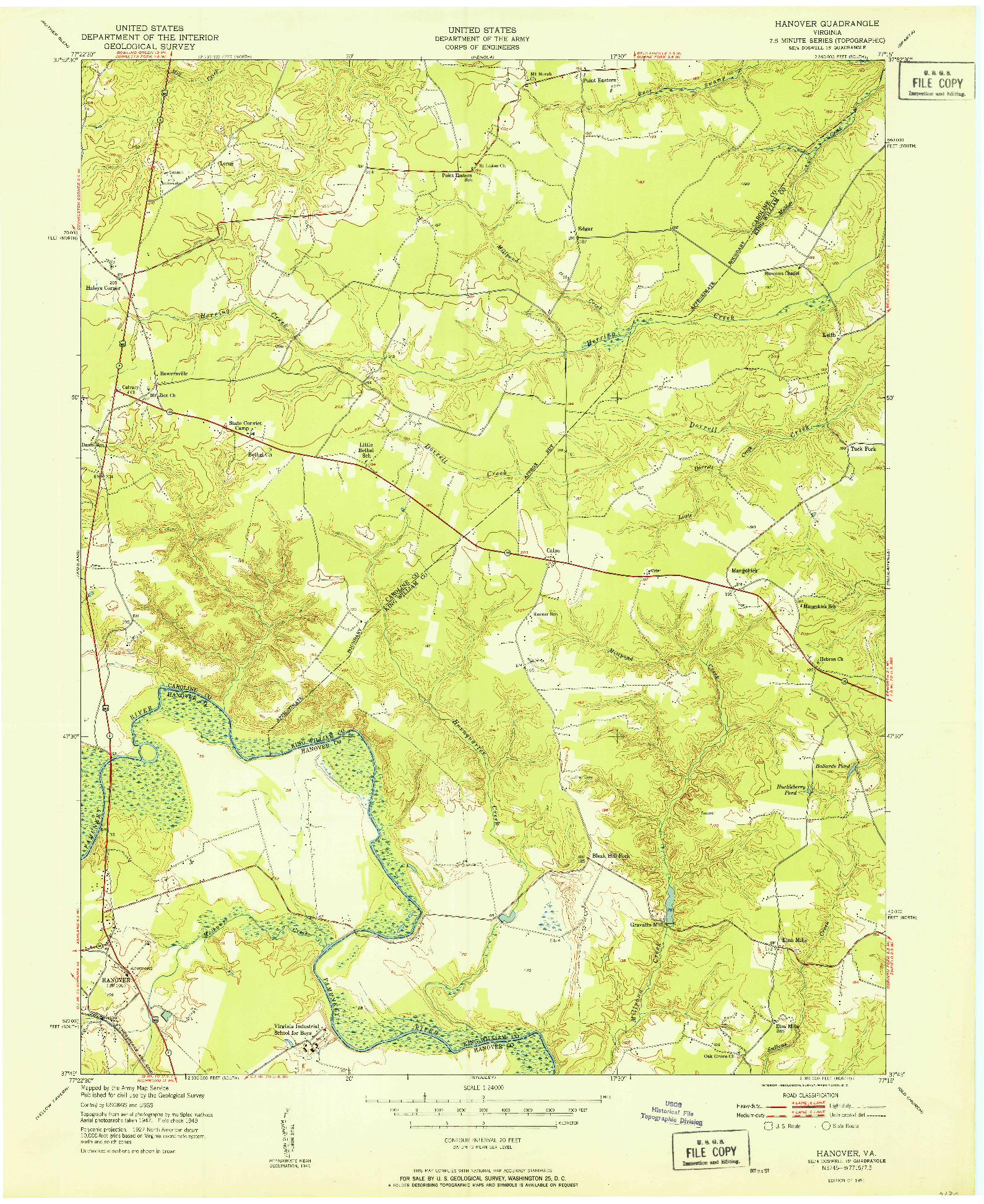 USGS 1:24000-SCALE QUADRANGLE FOR HANOVER, VA 1951