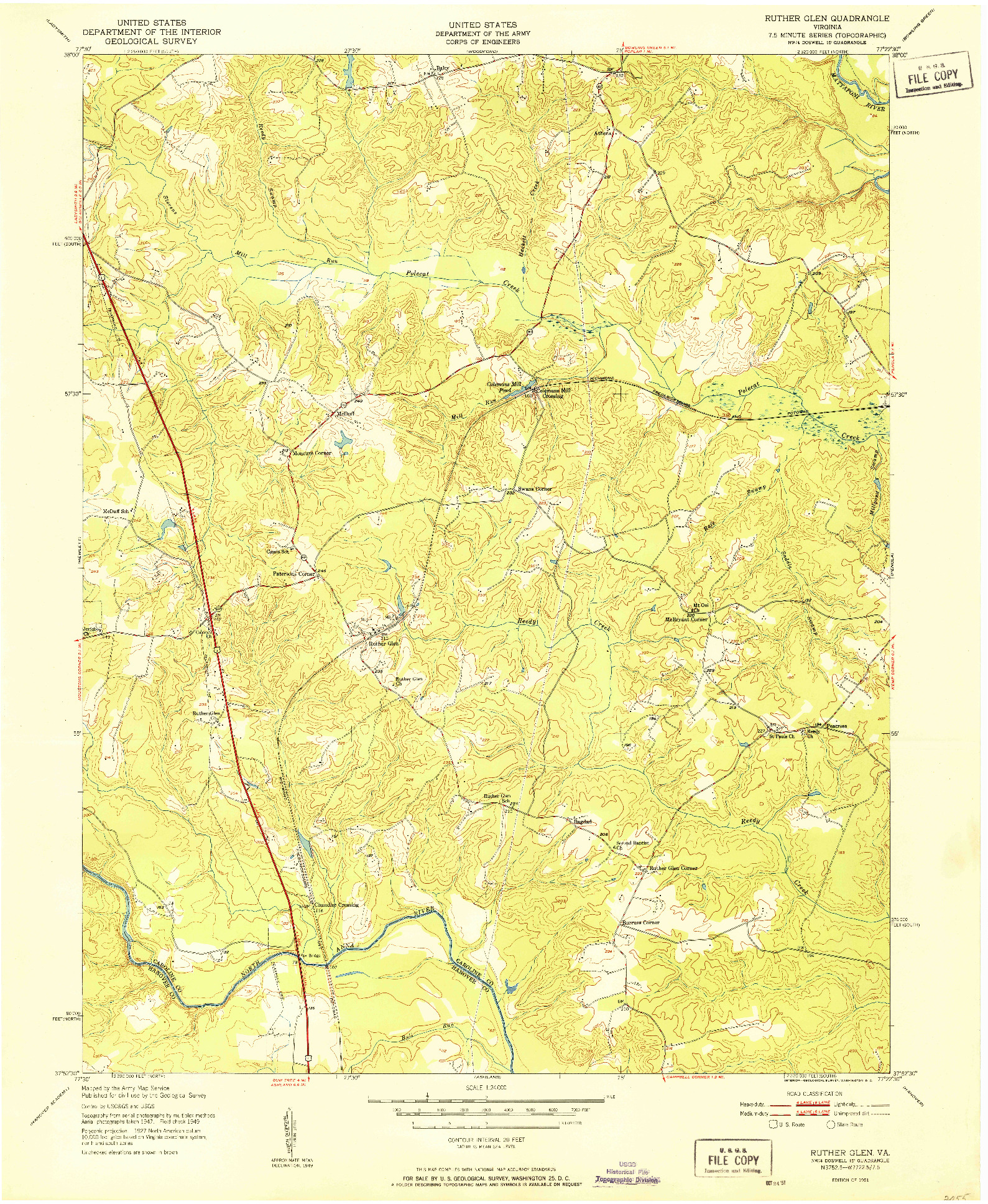 USGS 1:24000-SCALE QUADRANGLE FOR RUTHER GLEN, VA 1951