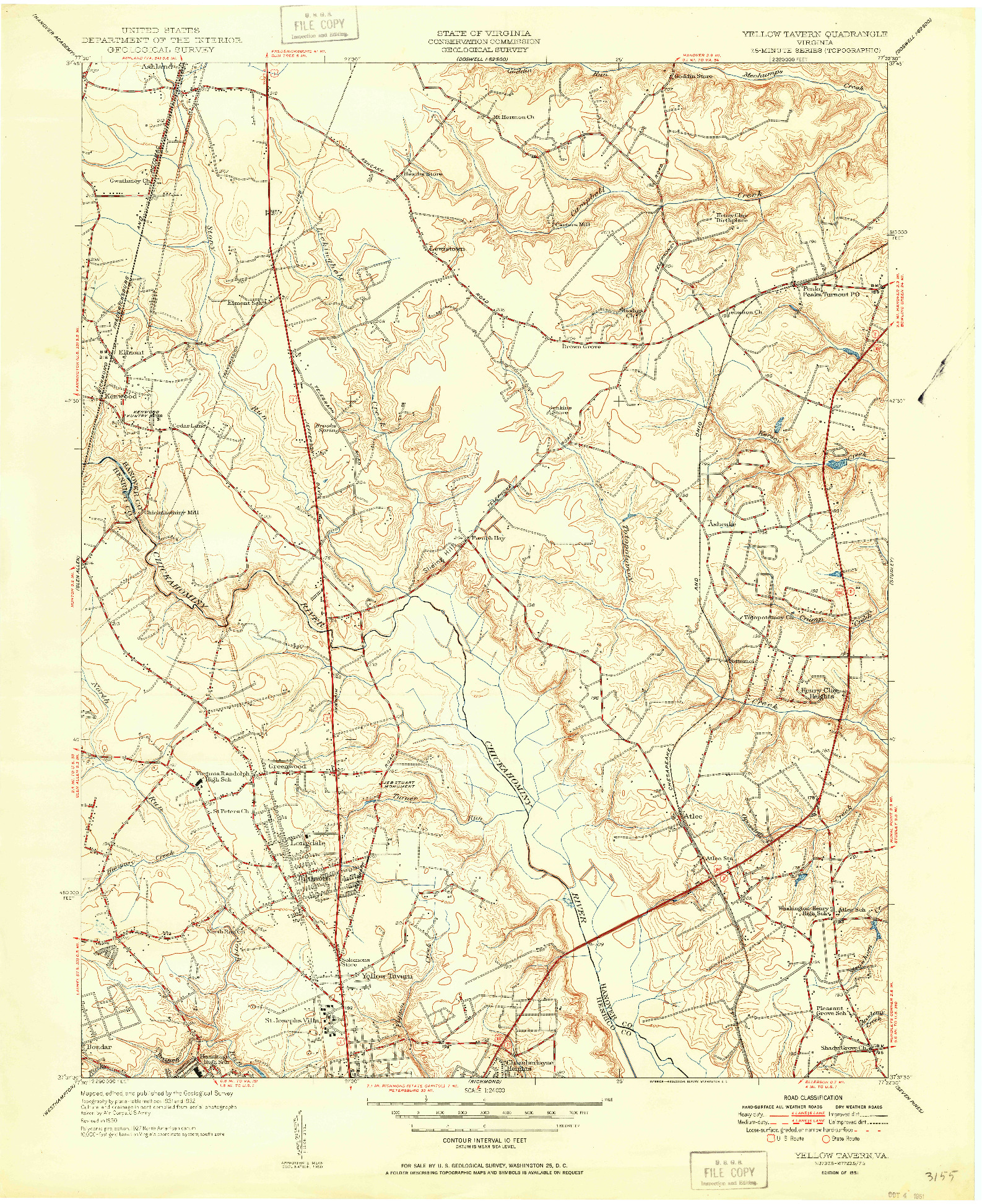 USGS 1:24000-SCALE QUADRANGLE FOR YELLOW TAVERN, VA 1951