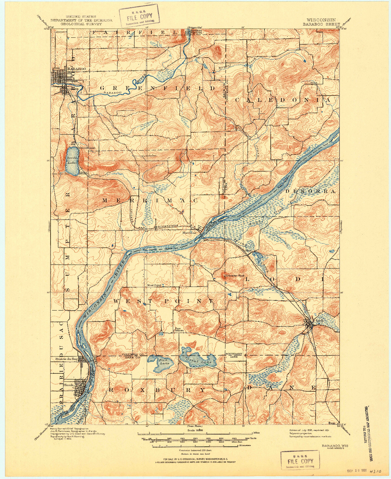 USGS 1:62500-SCALE QUADRANGLE FOR BARABOO, WI 1895