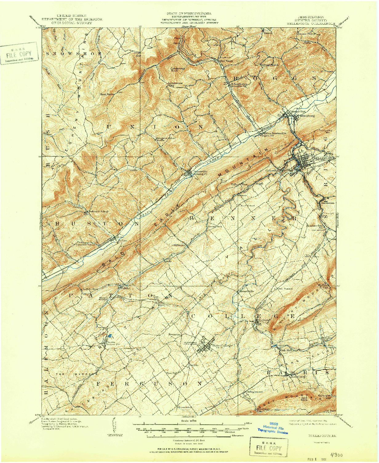 USGS 1:62500-SCALE QUADRANGLE FOR BELLEFONTE, PA 1909