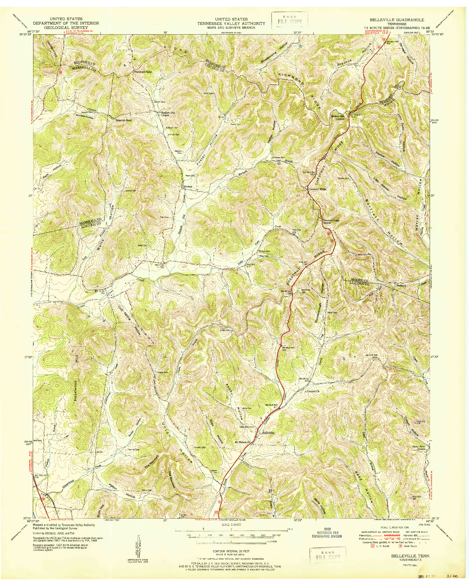USGS 1:24000-SCALE QUADRANGLE FOR BELLEVILLE, TN 1951