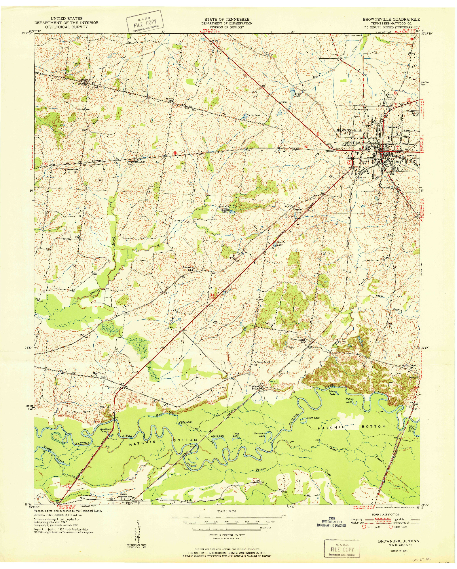 USGS 1:24000-SCALE QUADRANGLE FOR BROWNSVILLE, TN 1951