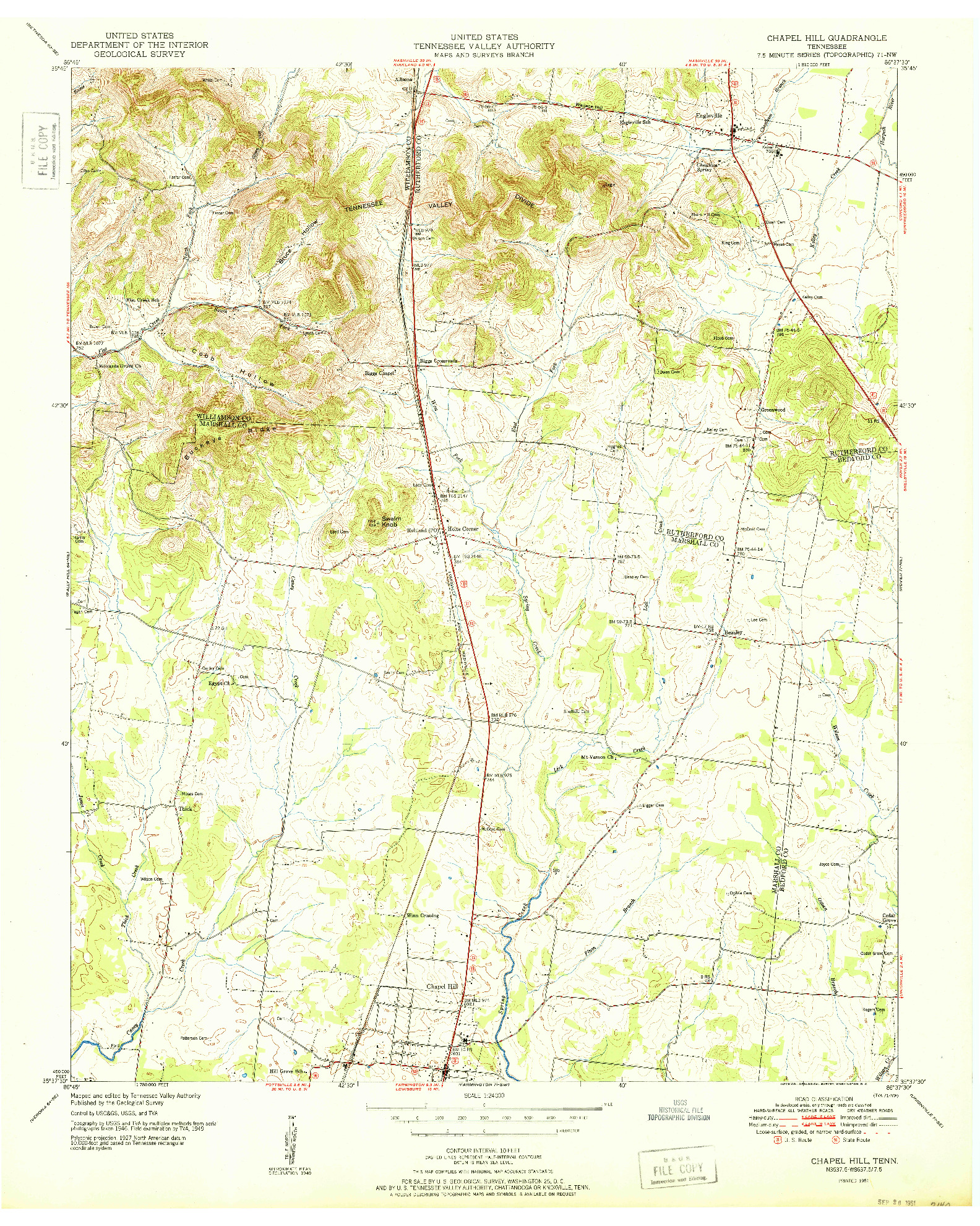 USGS 1:24000-SCALE QUADRANGLE FOR CHAPEL HILL, TN 1951
