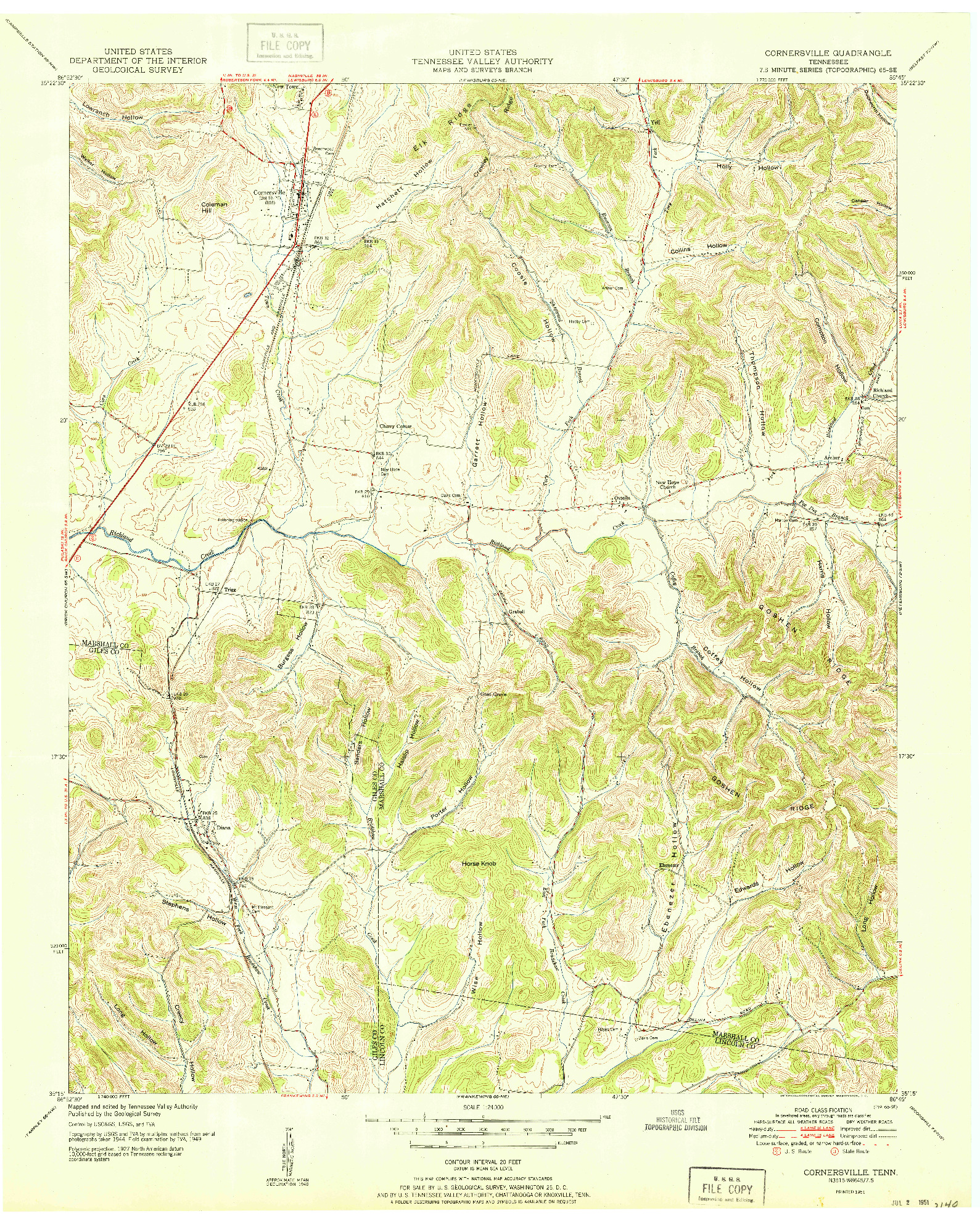 USGS 1:24000-SCALE QUADRANGLE FOR CORNERSVILLE, TN 1951