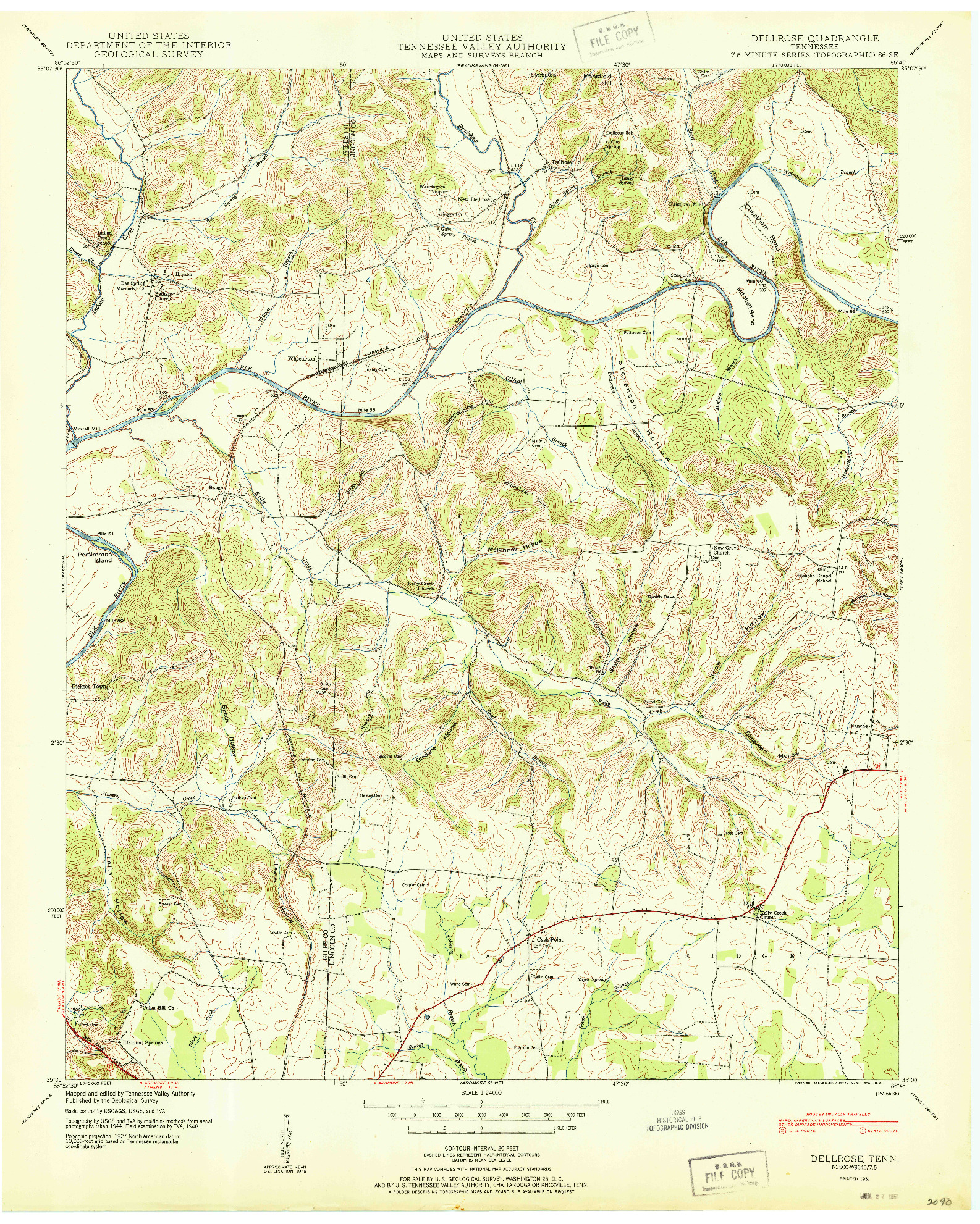 USGS 1:24000-SCALE QUADRANGLE FOR DELLROSE, TN 1951