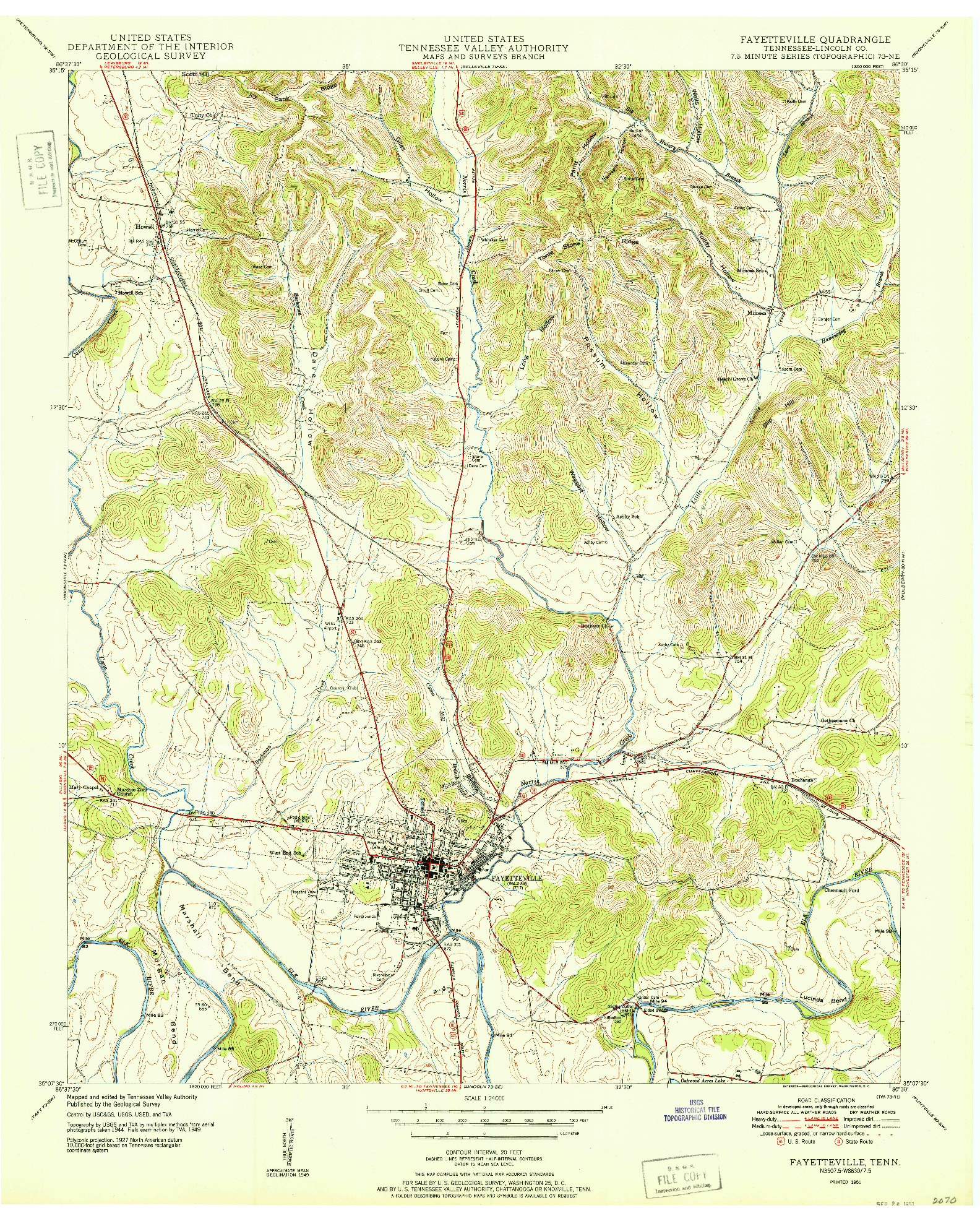 USGS 1:24000-SCALE QUADRANGLE FOR FAYETTEVILLE, TN 1951