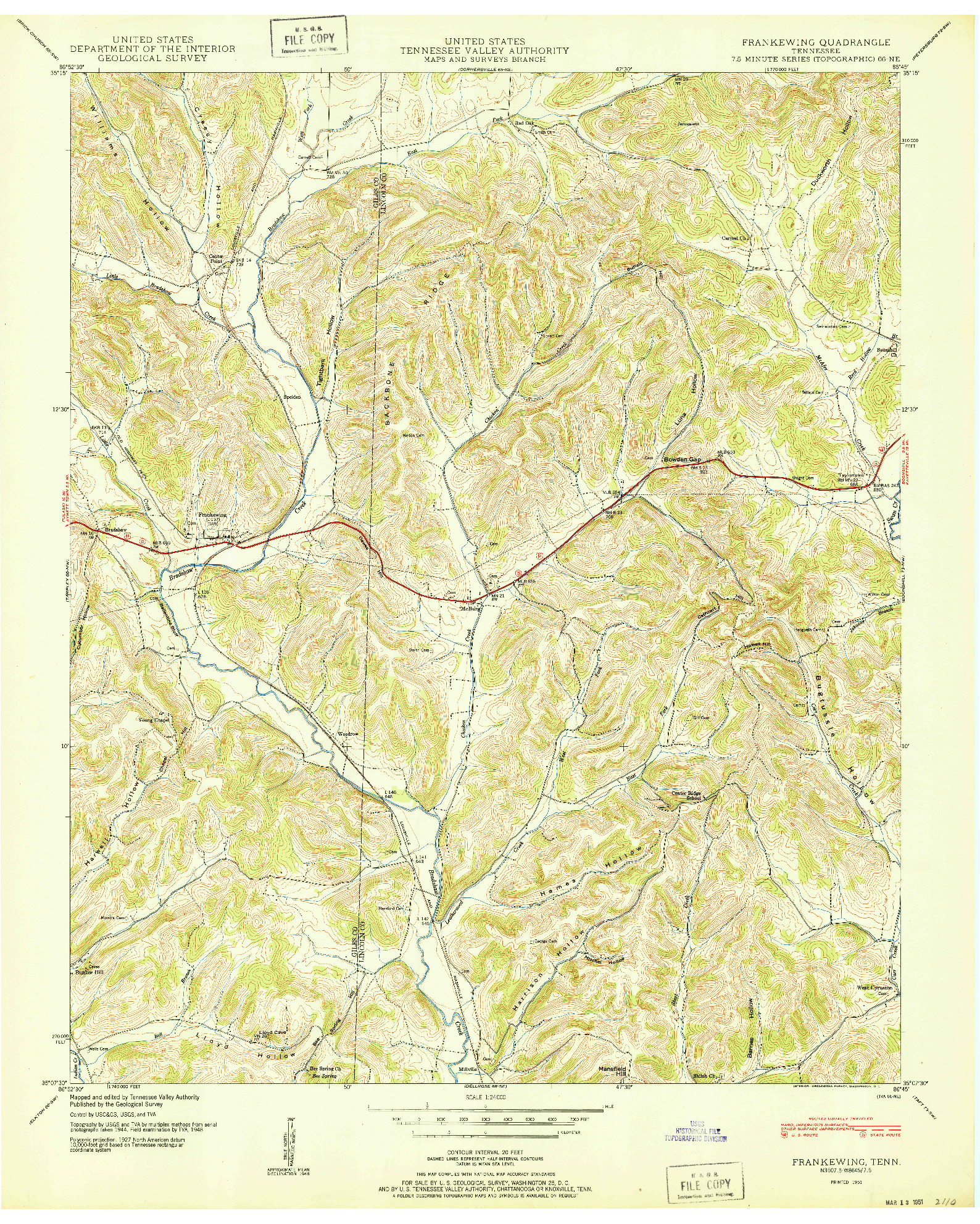 USGS 1:24000-SCALE QUADRANGLE FOR FRANKEWING, TN 1951