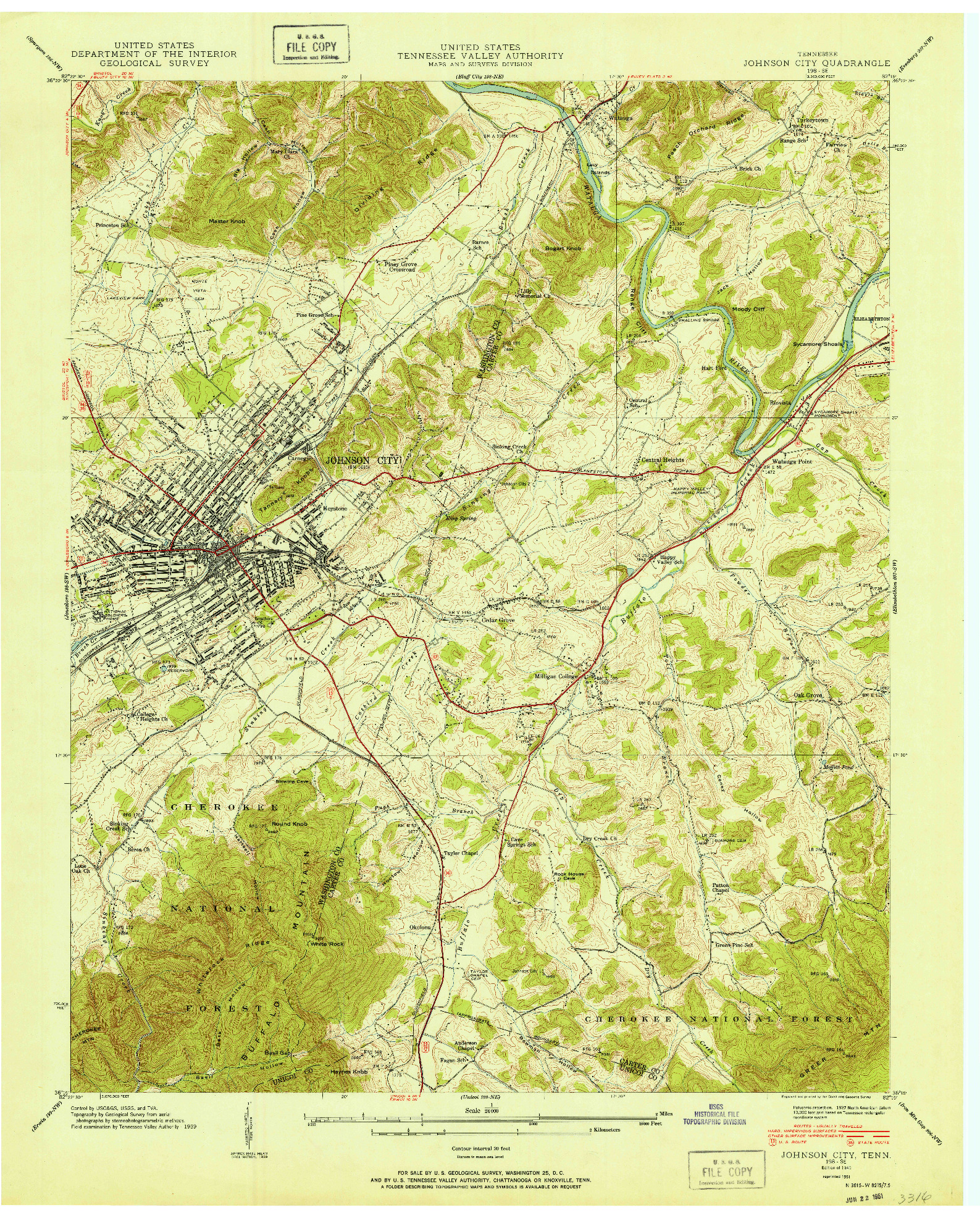 USGS 1:24000-SCALE QUADRANGLE FOR JOHNSON CITY, TN 1940