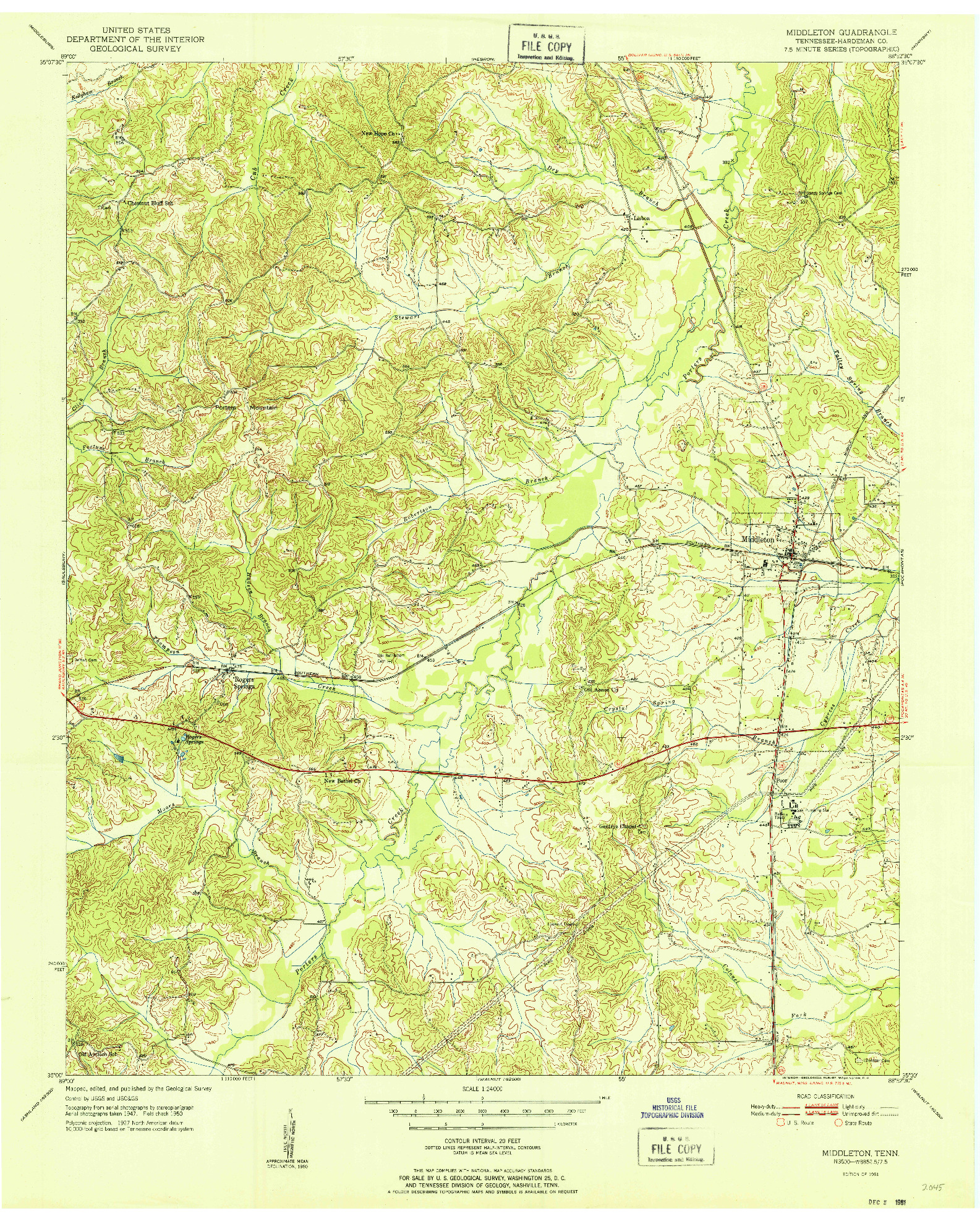 USGS 1:24000-SCALE QUADRANGLE FOR MIDDLETON, TN 1951