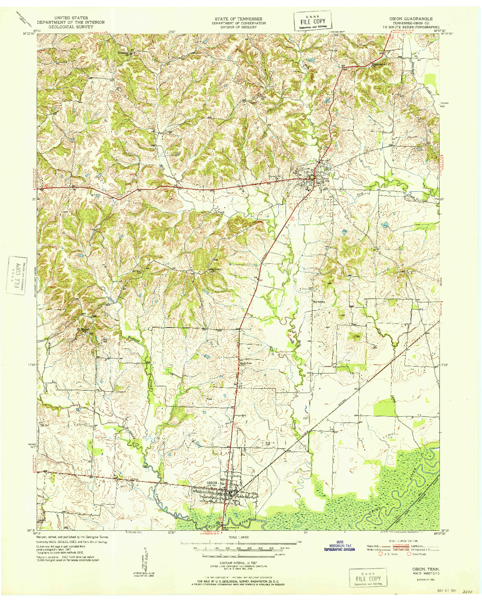 USGS 1:24000-SCALE QUADRANGLE FOR OBION, TN 1951