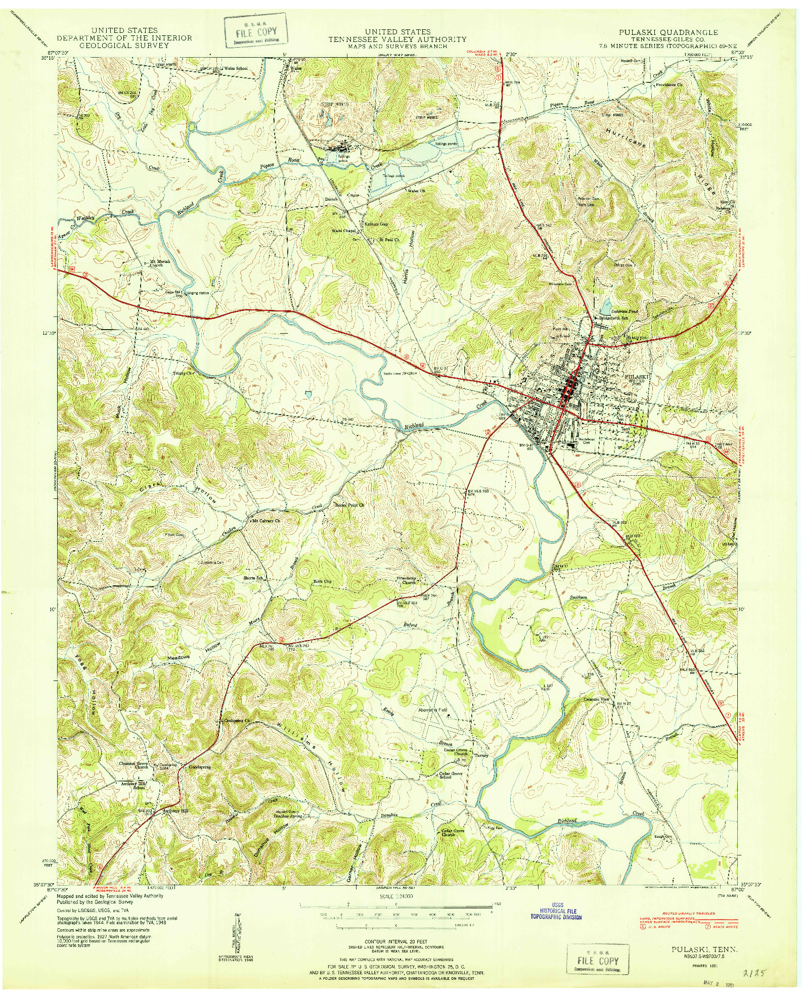 USGS 1:24000-SCALE QUADRANGLE FOR PULASKI, TN 1951