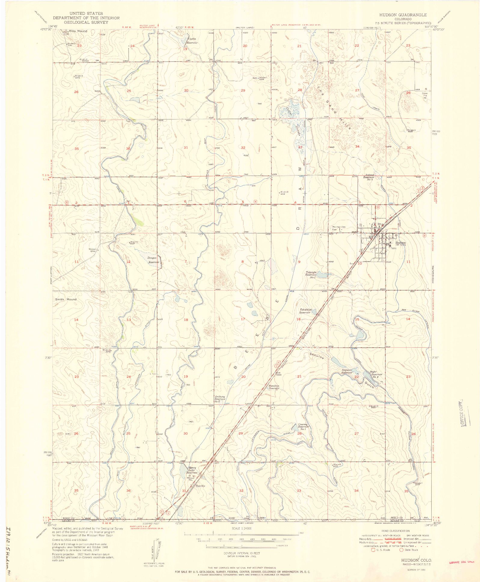 USGS 1:24000-SCALE QUADRANGLE FOR HUDSON, CO 1951