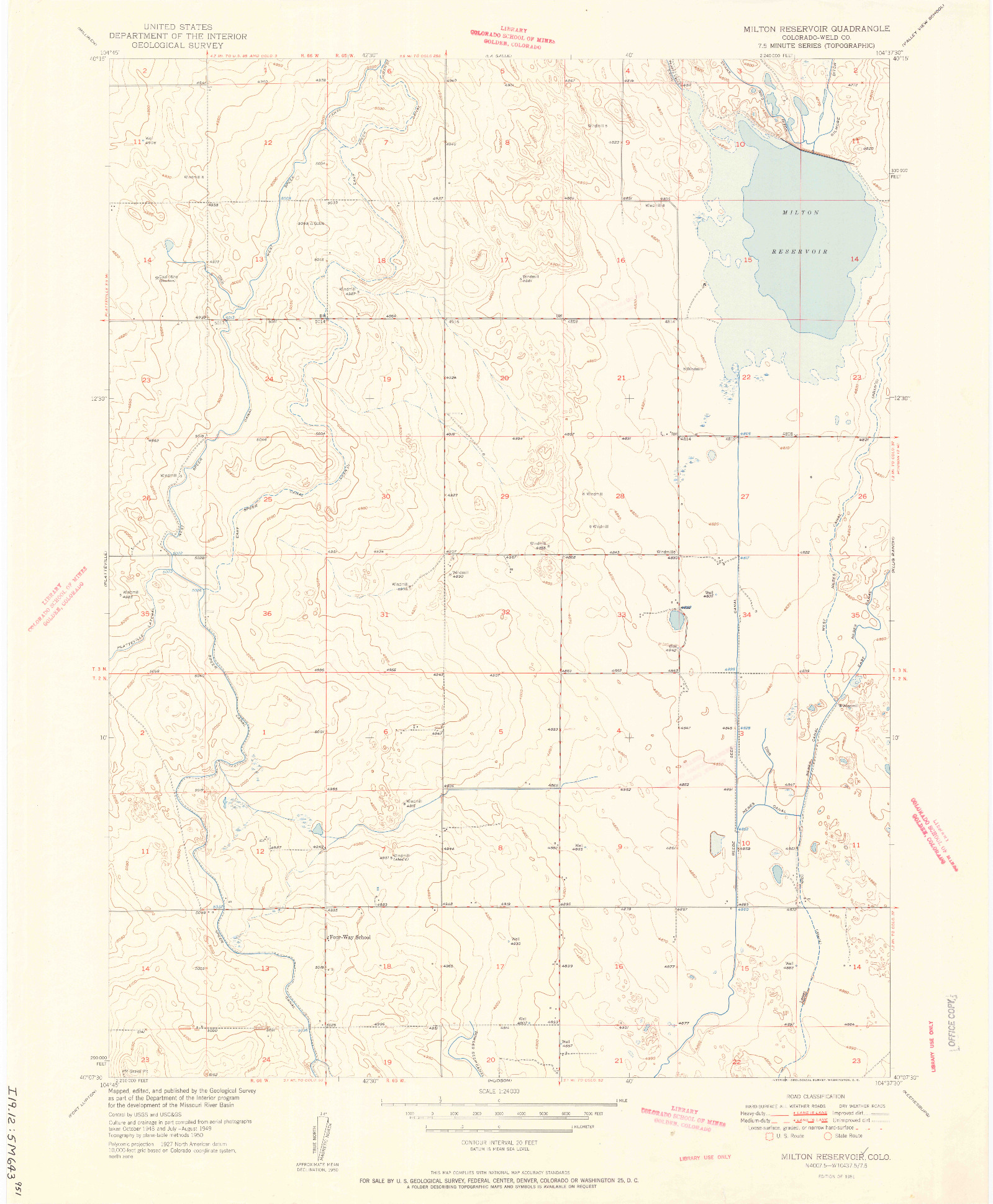 USGS 1:24000-SCALE QUADRANGLE FOR MILTON RESERVOIR, CO 1951