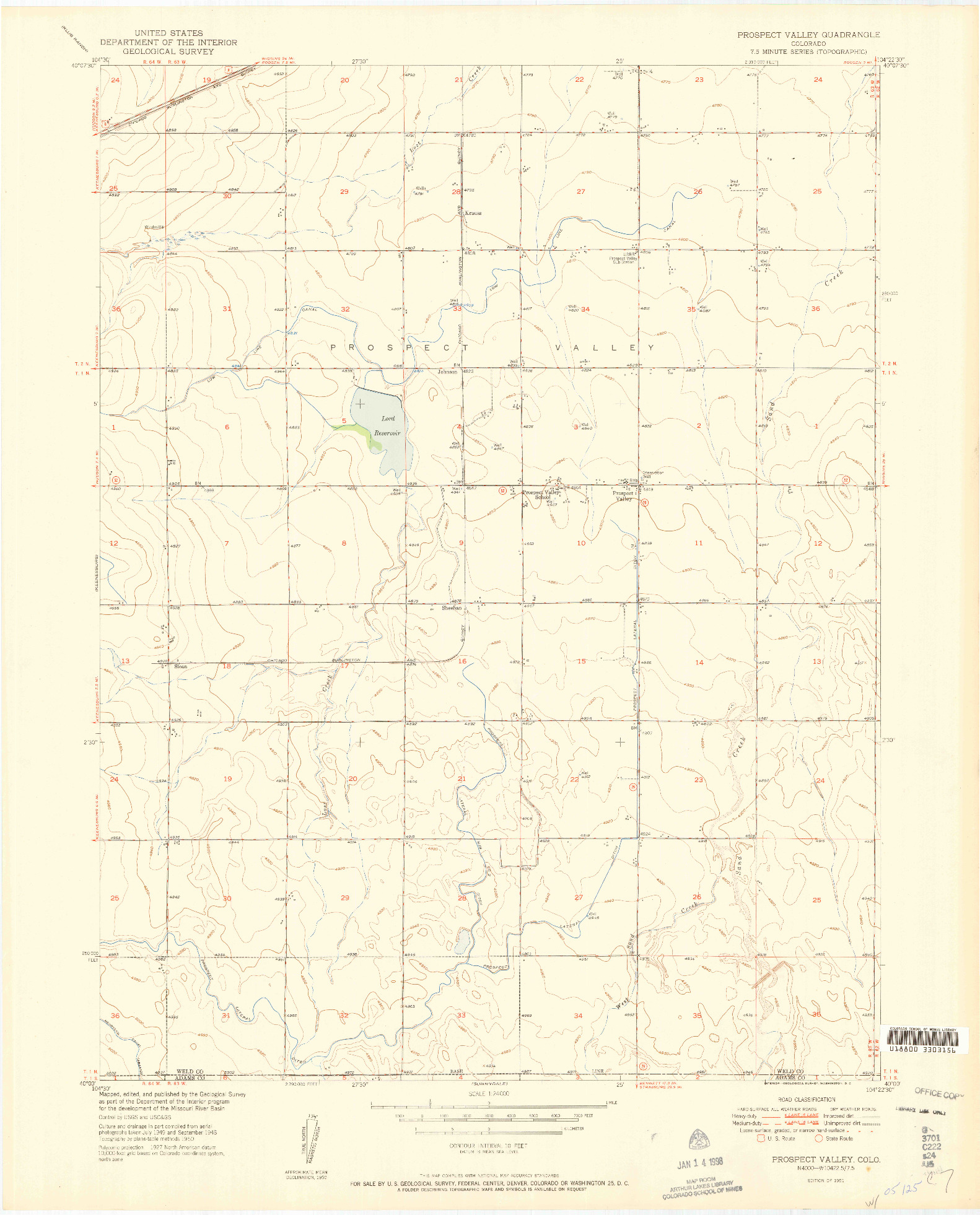 USGS 1:24000-SCALE QUADRANGLE FOR PROSPECT VALLEY, CO 1951